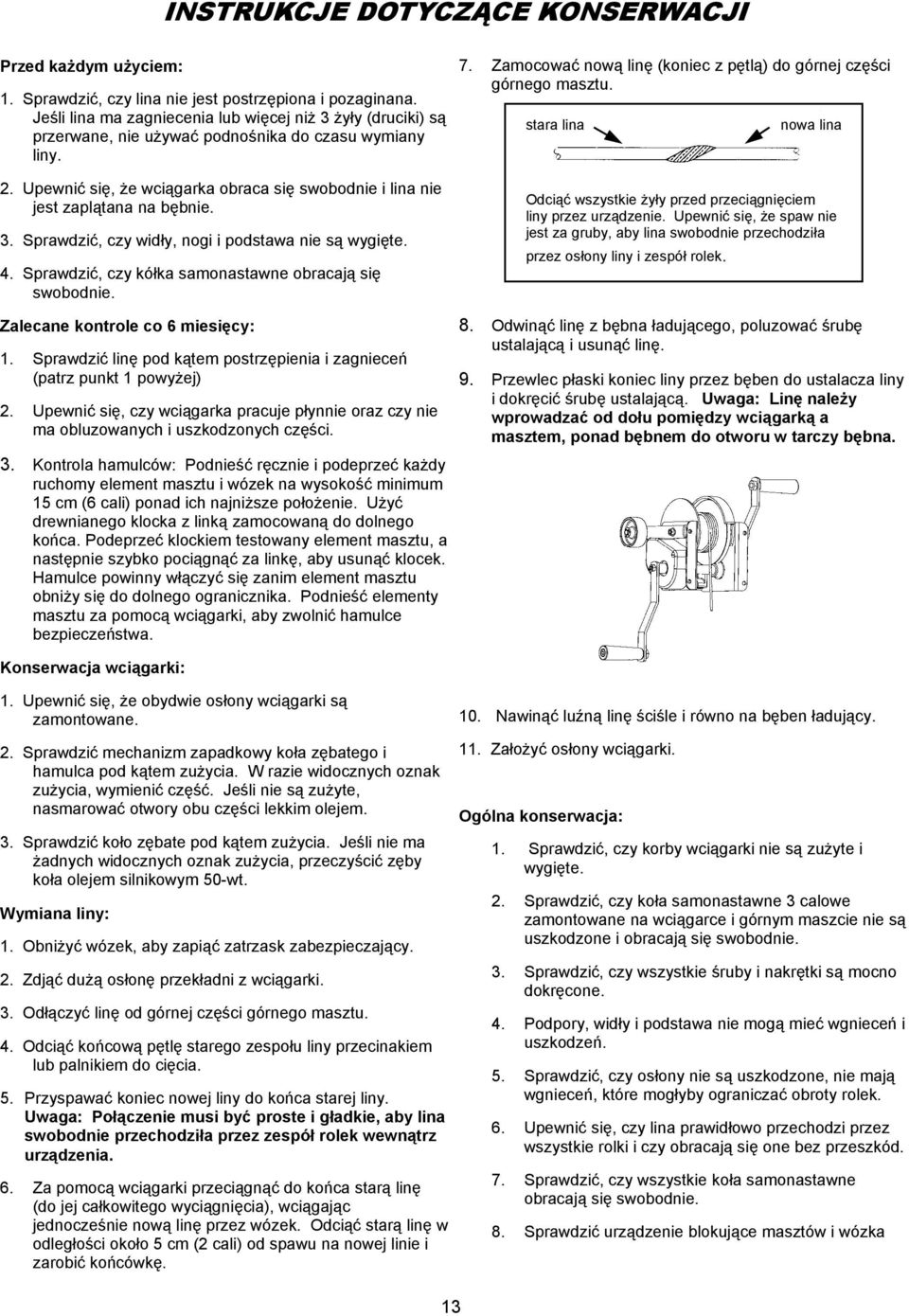 Upewnić się, że wciągarka obraca się swobodnie i lina nie jest zaplątana na bębnie. 3. Sprawdzić, czy widły, nogi i podstawa nie są wygięte. 4.