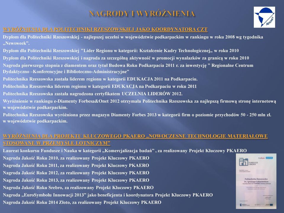 wynalazków za granicą w roku 2010 Nagroda pierwszego stopnia z diamentem oraz tytuł Budowa Roku Podkarpacia 2011 r.