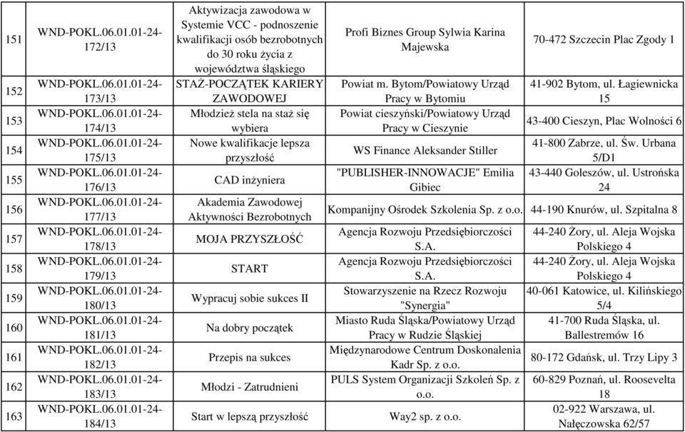 Zawodowej Aktywności Bezrobotnych MOJA PRZYSZŁOŚĆ START Wypracuj sobie sukces II Na dobry początek Przepis na sukces Młodzi - Zatrudnieni Start w lepszą przyszłość Profi Biznes Group Sylwia Karina