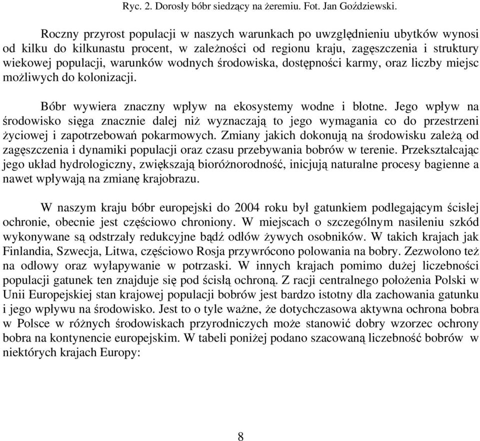 wodnych środowiska, dostępności karmy, oraz liczby miejsc możliwych do kolonizacji. Bóbr wywiera znaczny wpływ na ekosystemy wodne i błotne.