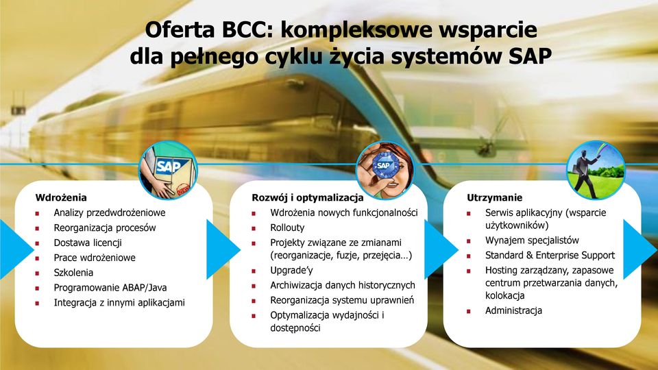 (reorganizacje, fuzje, przejęcia ) Upgrade y Archiwizacja danych historycznych Reorganizacja systemu uprawnień Optymalizacja wydajności i dostępności Utrzymanie Serwis