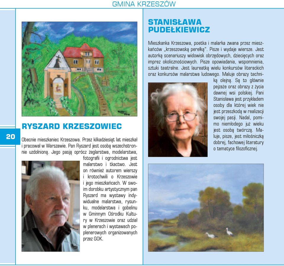W swoim dorobku artystycznym pan Ryszard ma wystawy indywidualne malarstwa, rysunku, modelarstwa i gobelinu w Gminnym Ośrodku Kultury w Krzeszowie oraz udział w plenerach i wystawach poplenerowych