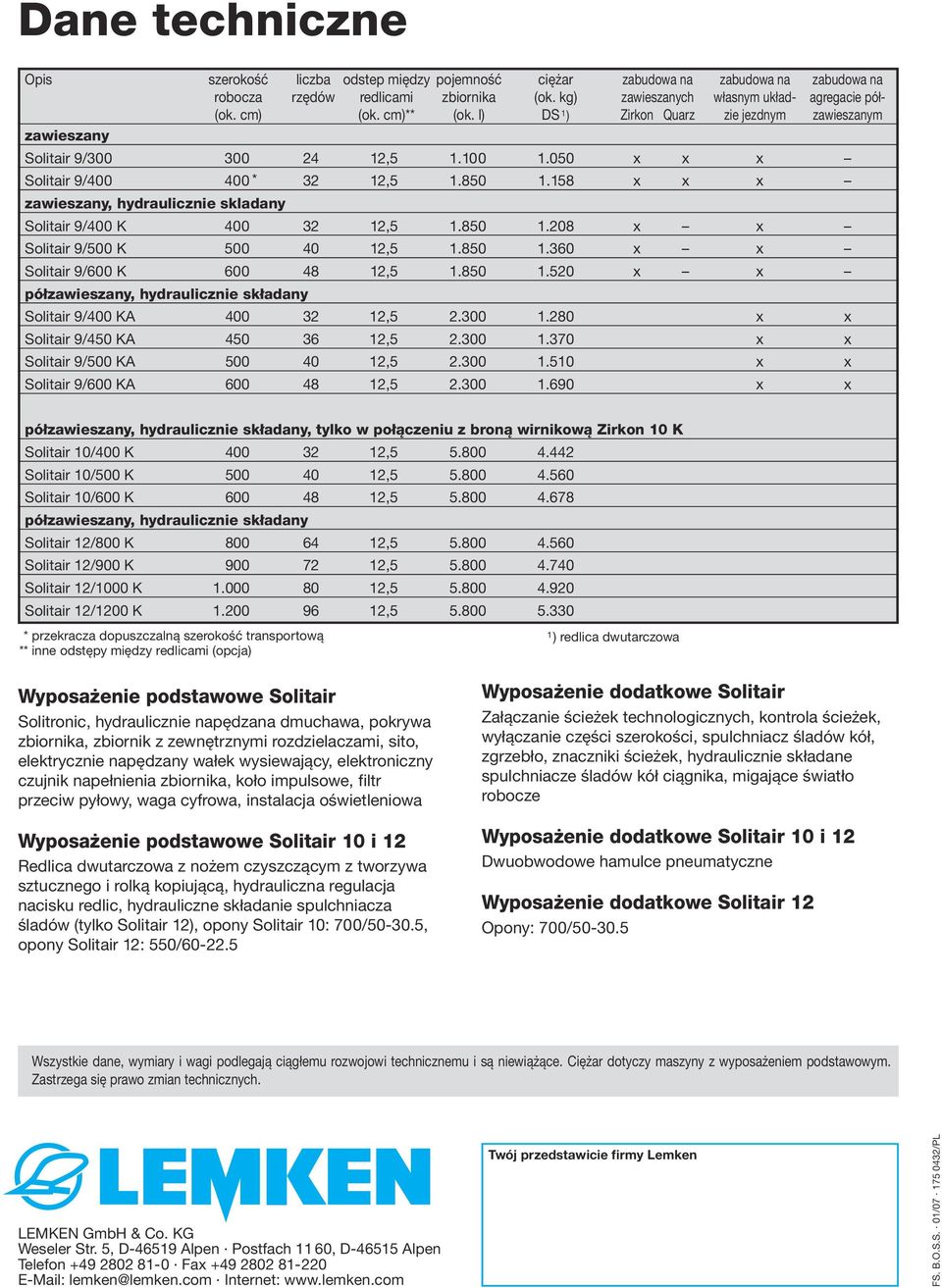 158 x x x zawieszany, hydraulicznie skladany Solitair 9/400 K 400 32 12,5 1.850 1.208 x x Solitair 9/500 K 500 40 12,5 1.850 1.360 x x Solitair 9/600 K 600 48 12,5 1.850 1.520 x x półzawieszany, hydraulicznie składany Solitair 9/400 KA 400 32 12,5 2.