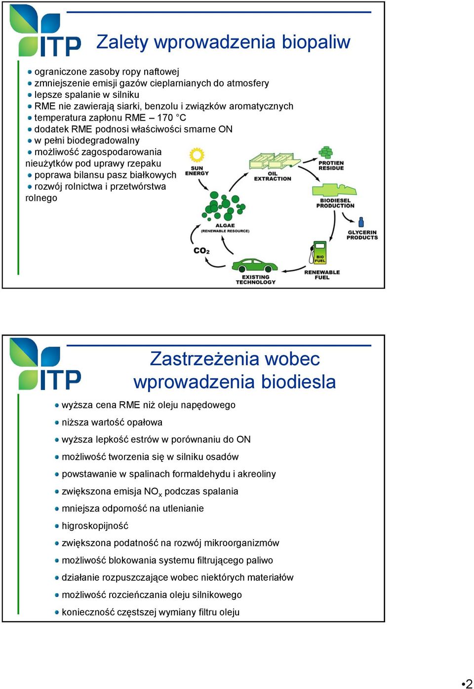 rozwój rolnictwa i przetwórstwa rolnego Zastrzeżenia wobec wprowadzenia biodiesla wyższa cena RME niż oleju napędowego niższa wartość opałowa wyższa lepkość estrów w porównaniu do ON możliwość