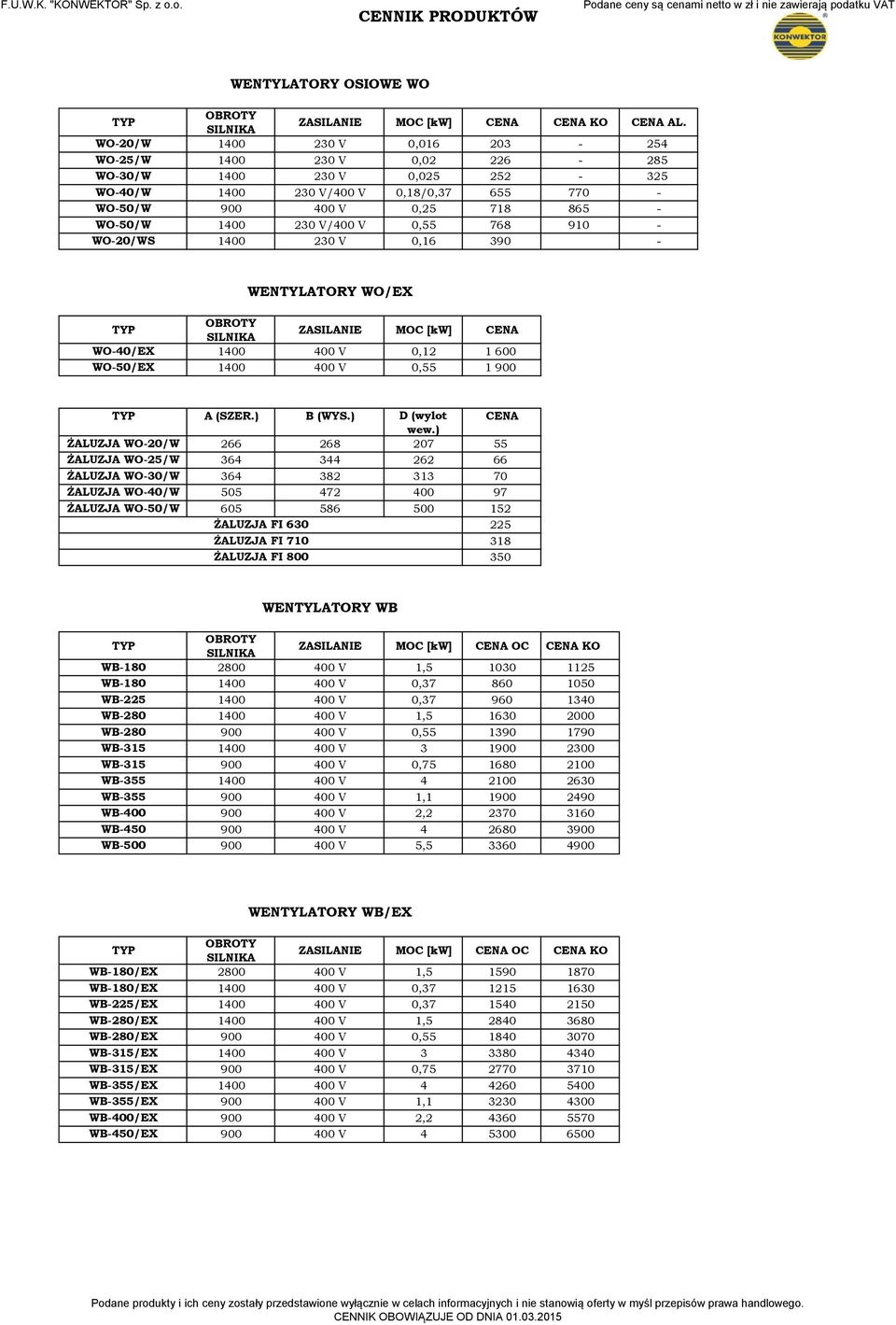 910 WO20/WS 1400 230 V 0,16 390 WENTYLATORY WO/EX WO40/EX 1400 400 V 0,12 1 600 WO50/EX 1400 400 V 0,55 1 900 A (SZER.) B (WYS.) D (wylot CENA wew.