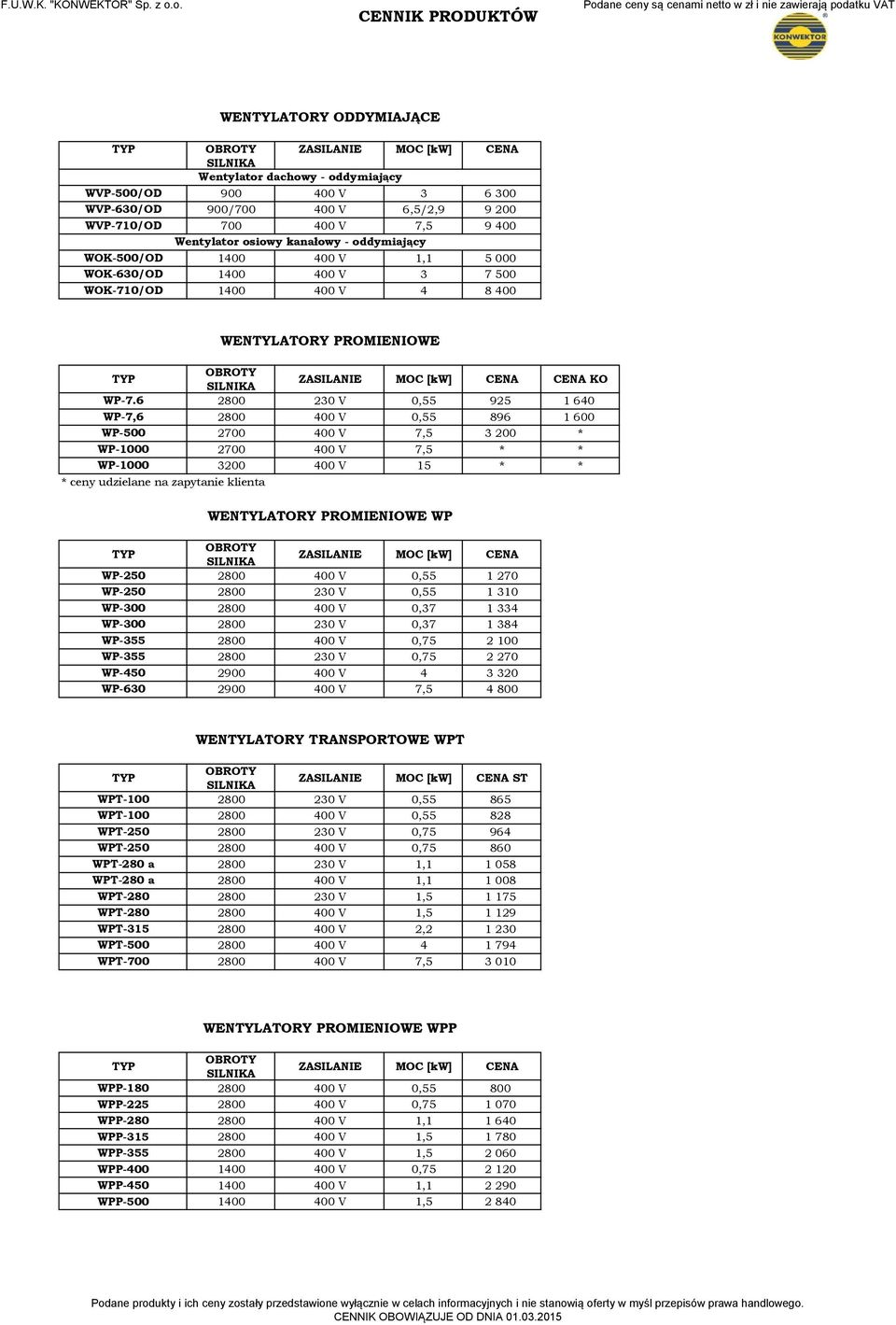 6 2800 230 V 0,55 925 1 640 WP7,6 2800 400 V 0,55 896 1 600 WP500 2700 400 V 7,5 3 200 * WP1000 2700 400 V 7,5 * * WP1000 3200 400 V 15 * * * ceny udzielane na zapytanie klienta WENTYLATORY