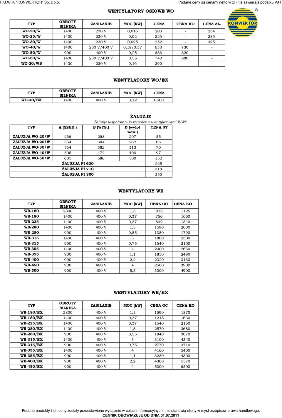 880 WO20/WS 1400 230 V 0,16 390 WENTYLATORY WO/EX WO40/EX 1400 400 V 0,12 1 600 śaluzje śaluzje współpracują równieŝ z wentylatorami WWS A (SZER.) B (WYS.) D (wylot CENA ST wew.
