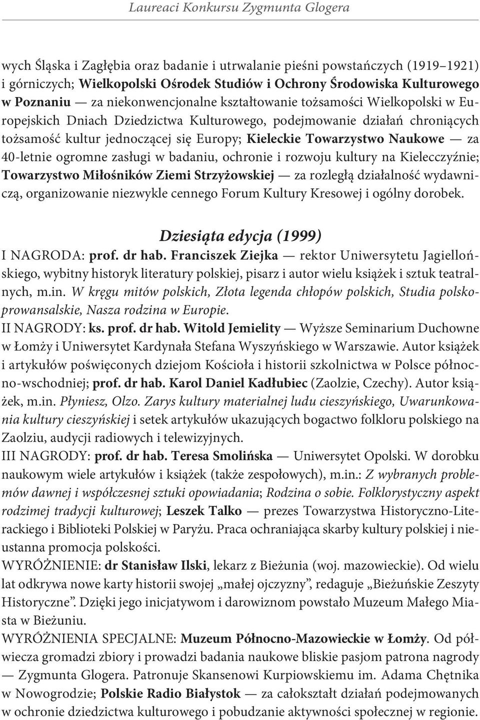 40-letnie ogromne zasługi w badaniu, ochronie i rozwoju kultury na Kielecczyźnie; Towarzystwo Miłośników Ziemi Strzyżowskiej za rozległą działalność wydawniczą, organizowanie niezwykle cennego Forum