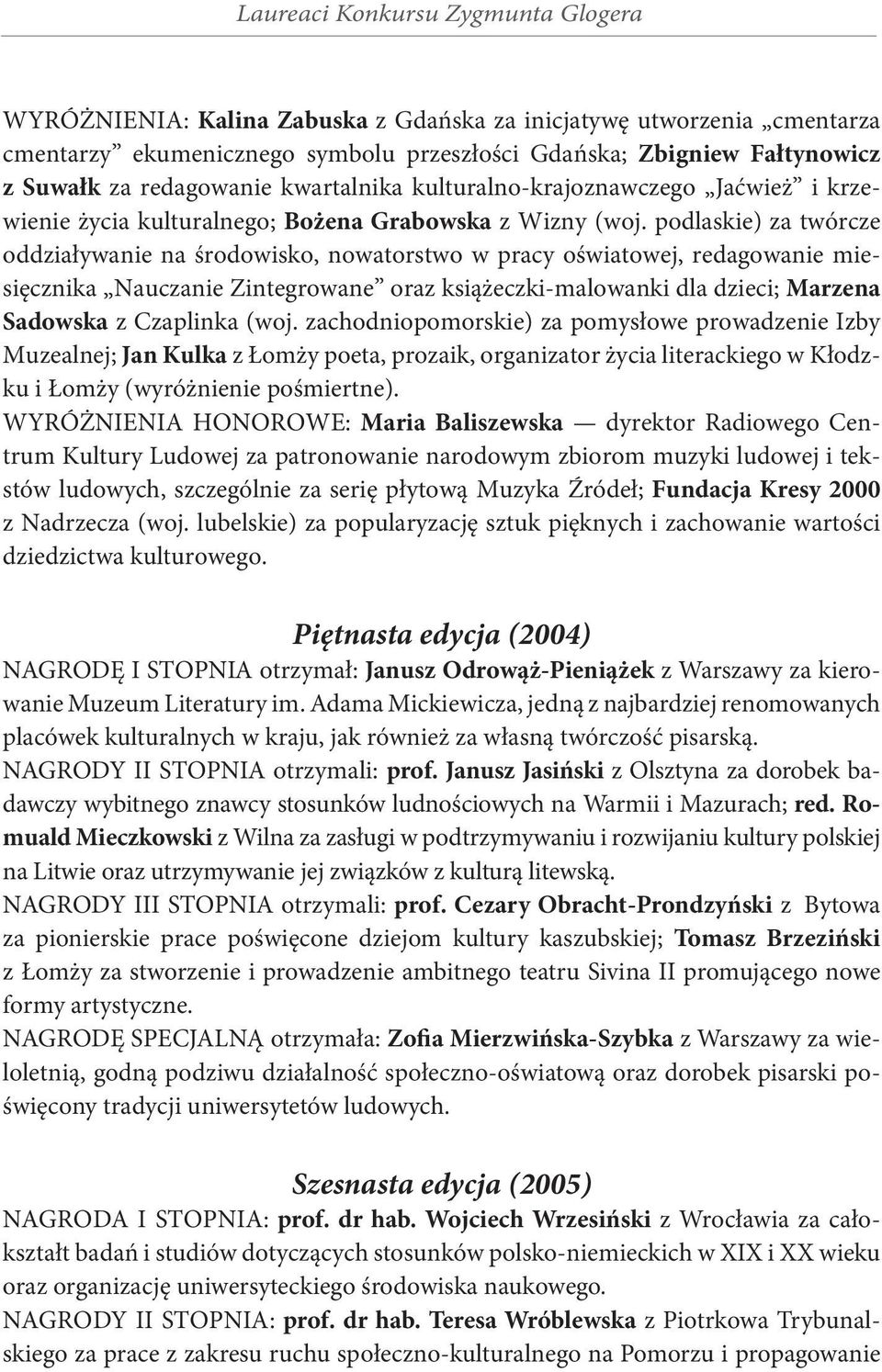 podlaskie) za twórcze oddziaływanie na środowisko, nowatorstwo w pracy oświatowej, redagowanie miesięcznika Nauczanie Zintegrowane oraz książeczki-ma lowanki dla dzieci; Marzena Sadowska z Czaplinka