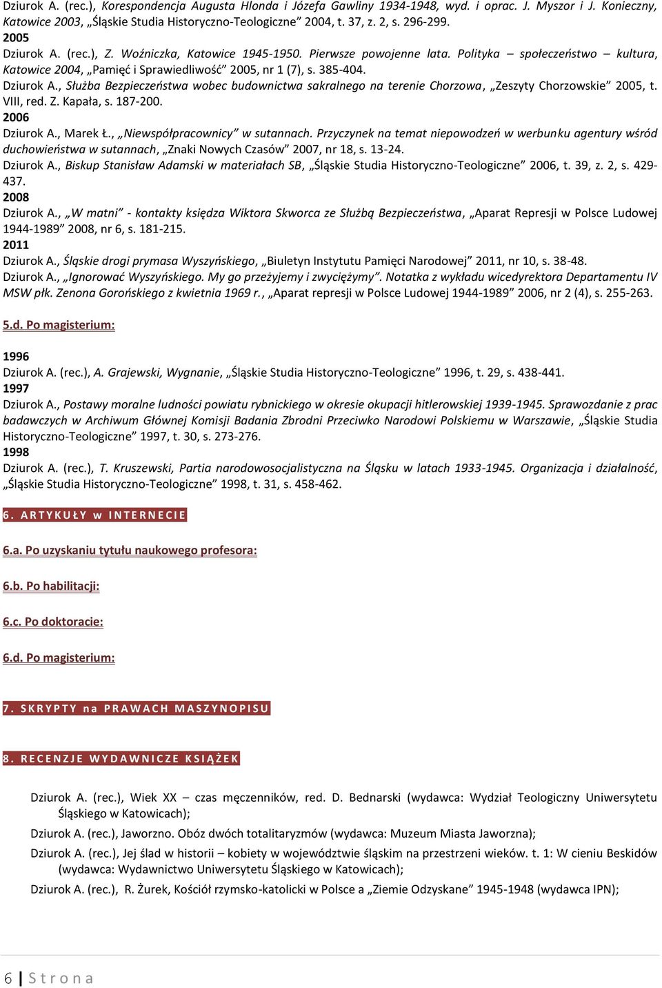 Dziurok A., Służba Bezpieczeństwa wobec budownictwa sakralnego na terenie Chorzowa, Zeszyty Chorzowskie 2005, t. VIII, red. Z. Kapała, s. 187-200. 2006 Dziurok A., Marek Ł.