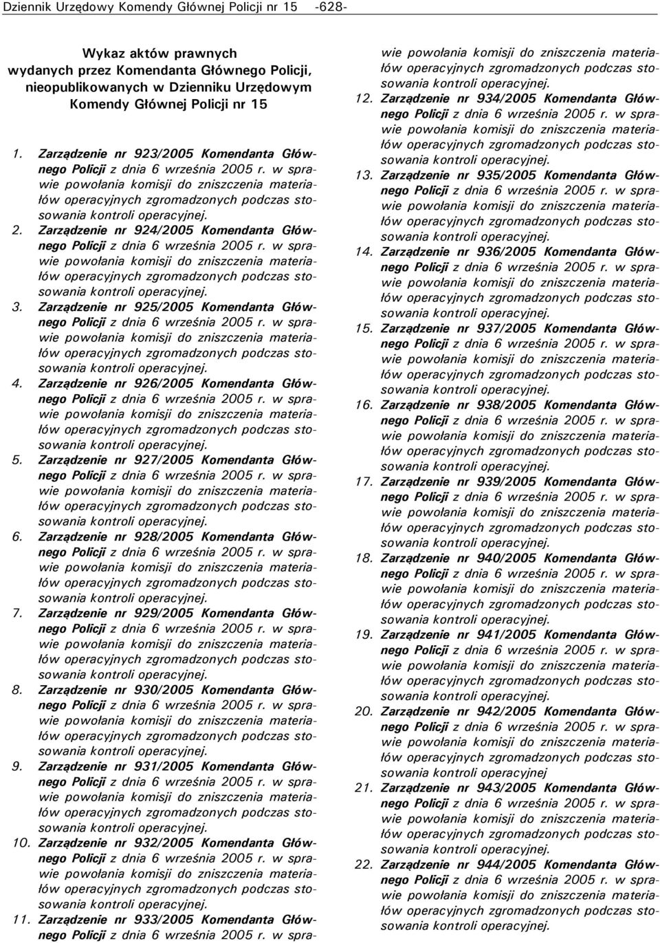 Zarządzenie nr 927/2005 Komendanta Głównego 6. Zarządzenie nr 928/2005 Komendanta Głównego 7. Zarządzenie nr 929/2005 Komendanta Głównego 8. Zarządzenie nr 930/2005 Komendanta Głównego 9.