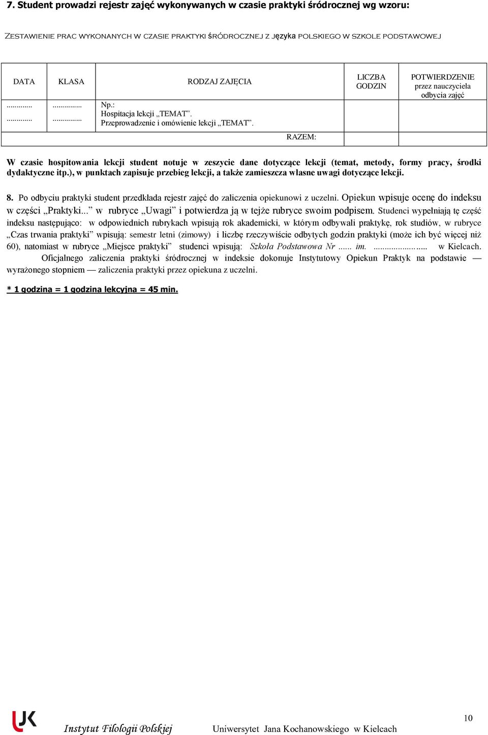 RAZEM: LICZBA GODZIN POTWIERDZENIE przez nauczyciela odbycia zajęć W czasie hospitowania lekcji student notuje w zeszycie dane dotyczące lekcji (temat, metody, formy pracy, środki dydaktyczne itp.