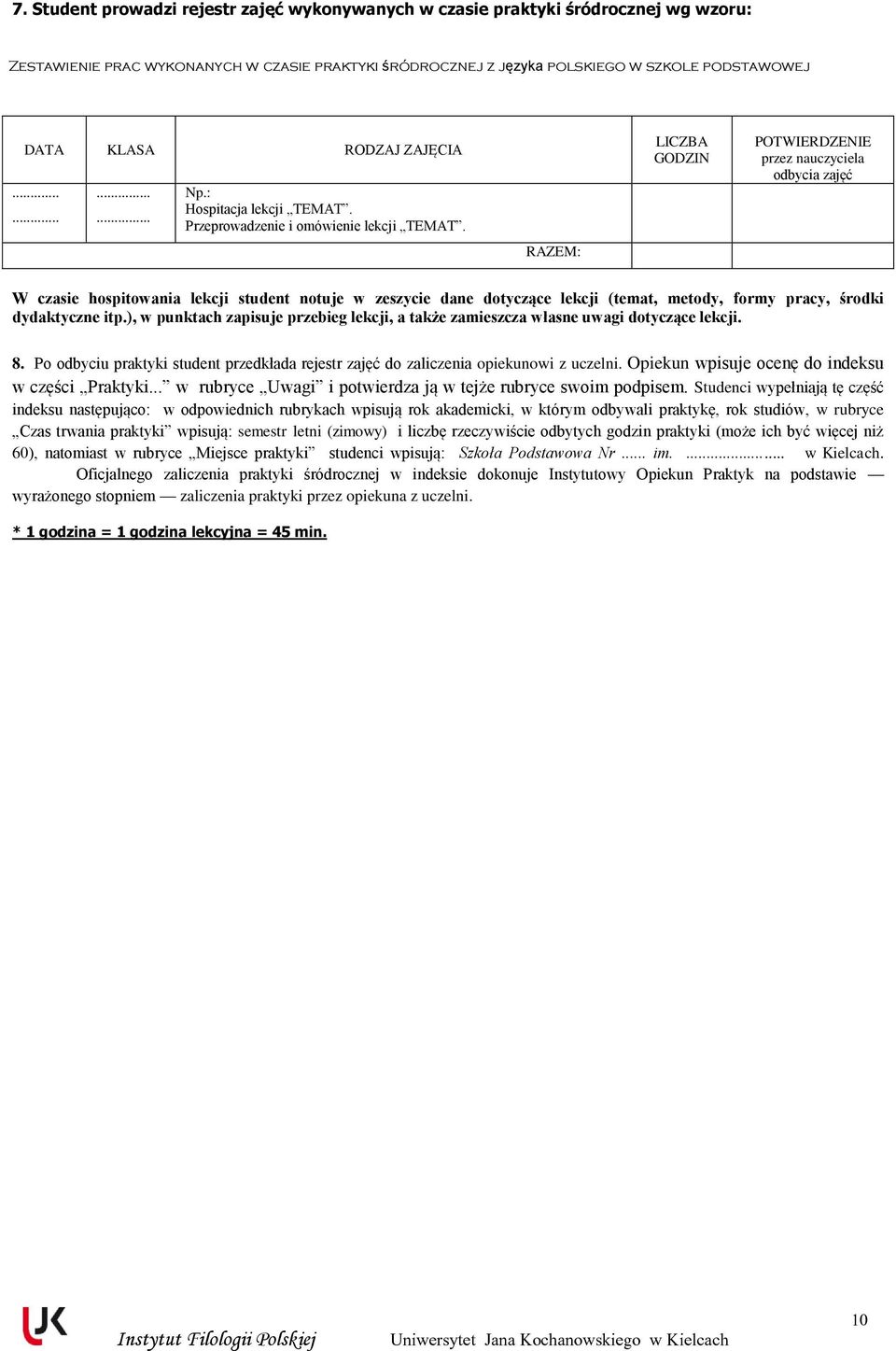 RAZEM: LICZBA GODZIN POTWIERDZENIE przez nauczyciela odbycia zajęć W czasie hospitowania lekcji student notuje w zeszycie dane dotyczące lekcji (temat, metody, formy pracy, środki dydaktyczne itp.