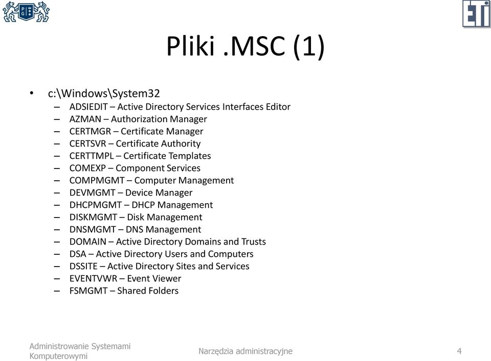 CERTSVR Certificate Authority CERTTMPL Certificate Templates COMEXP Component Services COMPMGMT Computer Management DEVMGMT Device Manager