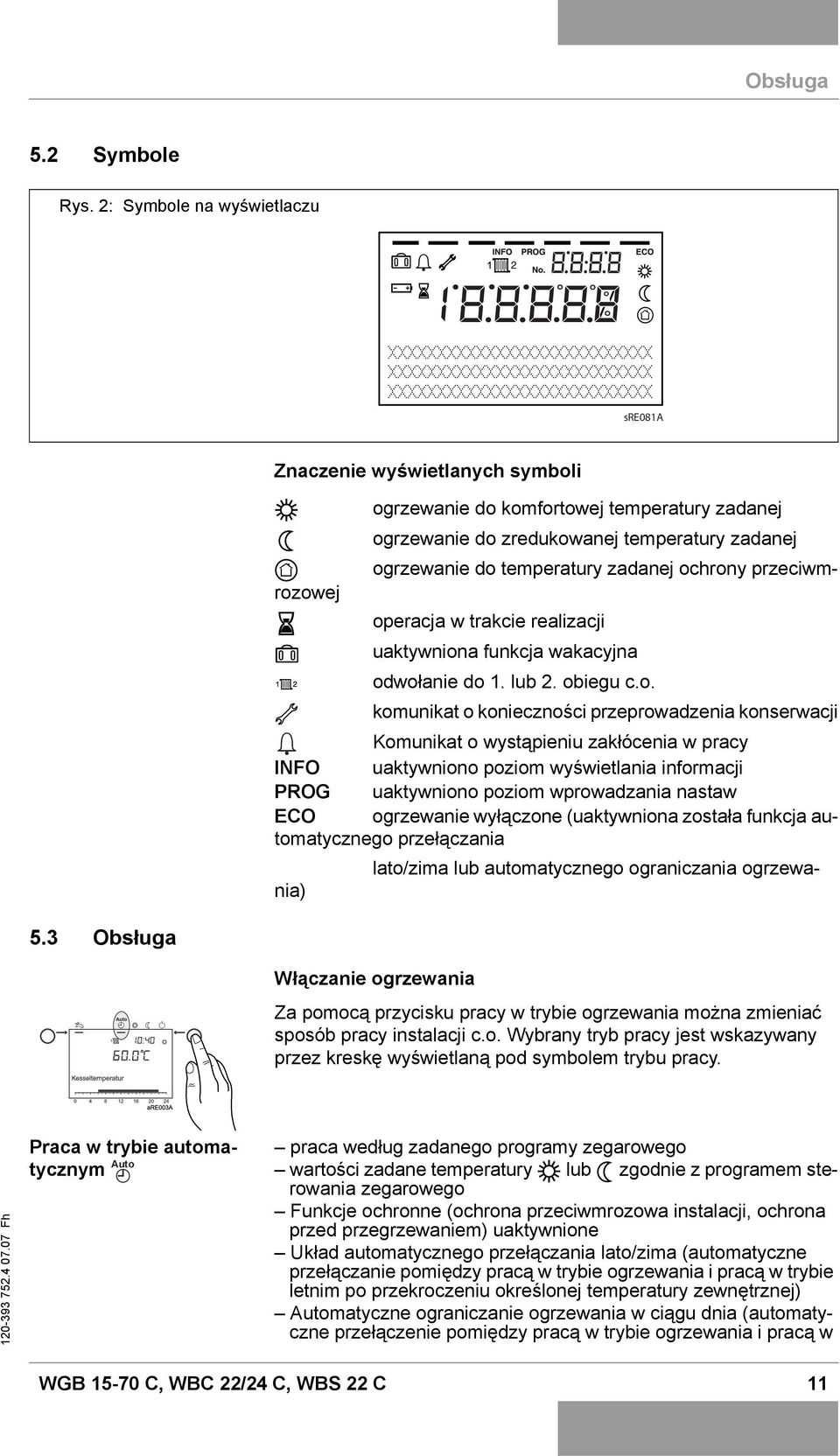 ochrony przeciwmrozowej operacja w trakcie realizacji uaktywniona funkcja wakacyjna odwołanie do 1. lub 2. obiegu c.o. komunikat o konieczności przeprowadzenia konserwacji Komunikat o wystąpieniu
