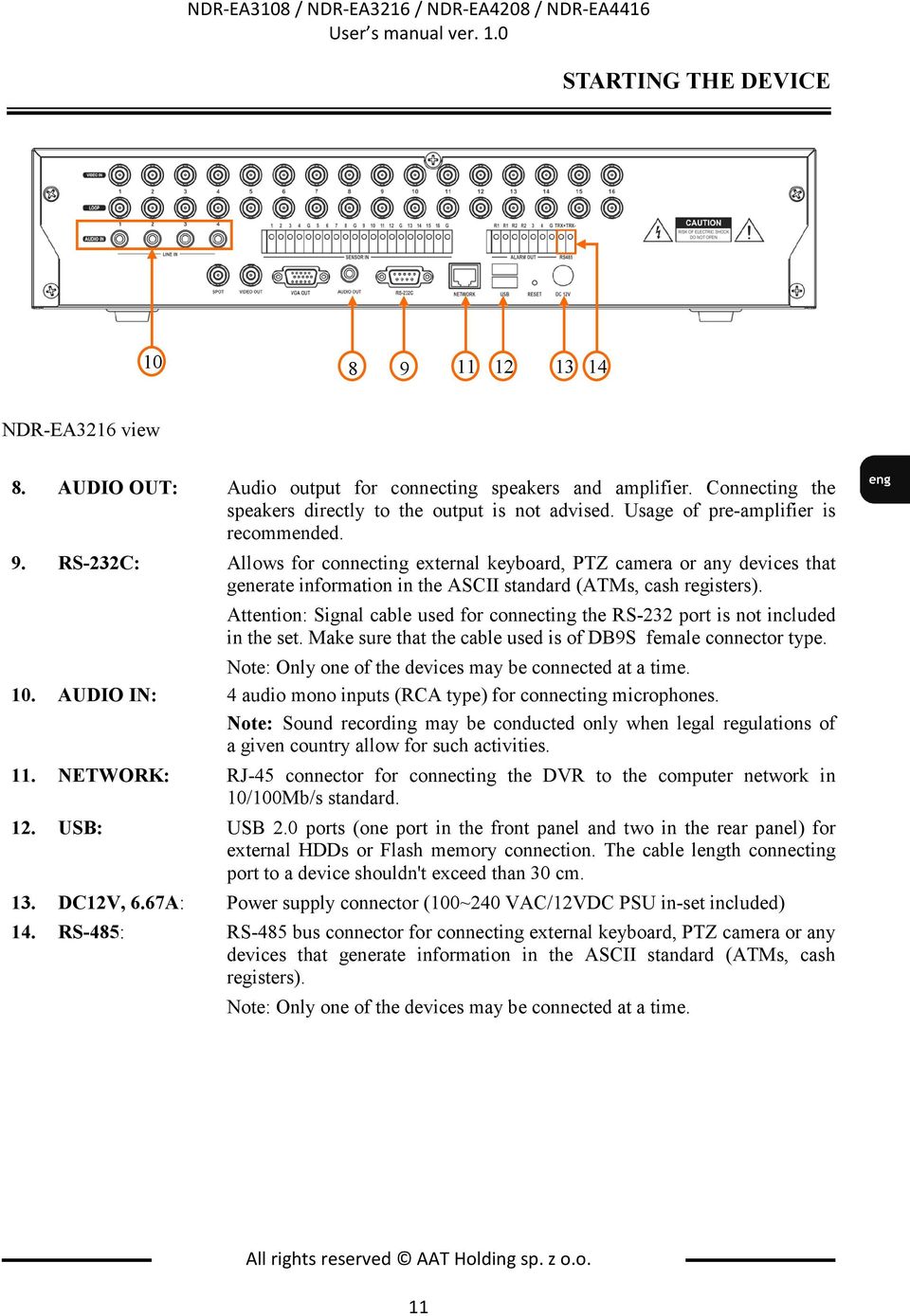 RS-232C: Allows for connecting external keyboard, PTZ camera or any devices that generate information in the ASCII standard (ATMs, cash registers).