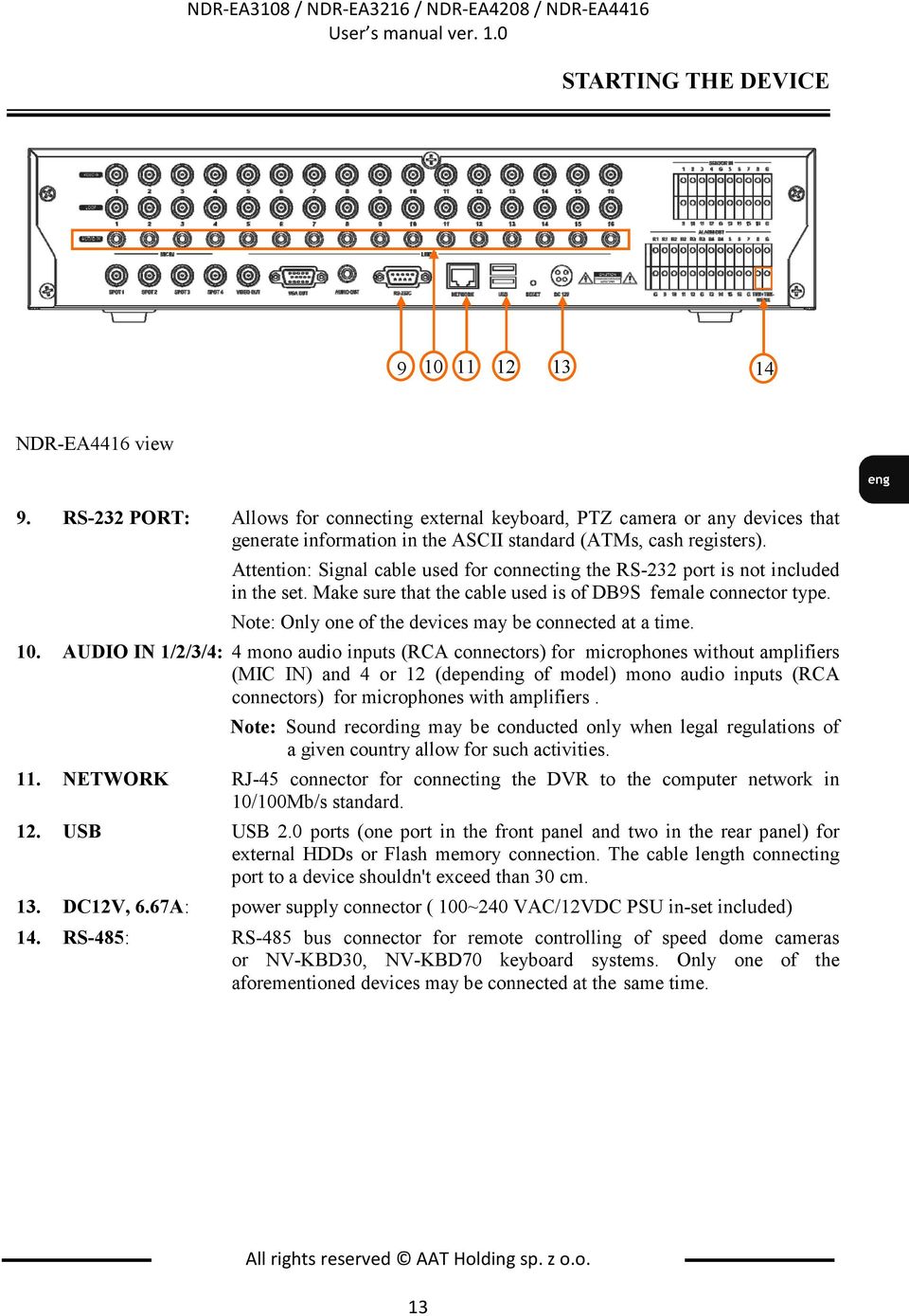 Attention: Signal cable used for connecting the RS-232 port is not included in the set. Make sure that the cable used is of DB9S female connector type.