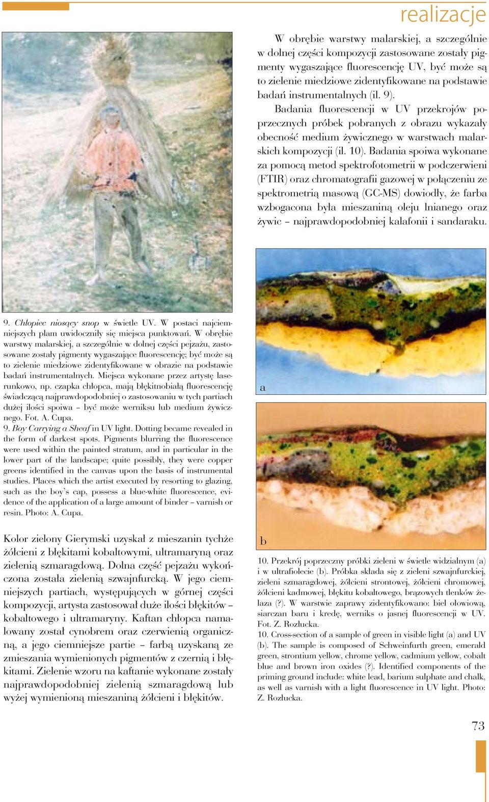 Badania spoiwa wykonane za pomocą metod spektrofotometrii w podczerwieni (FTIR) oraz chromatografii gazowej w połączeniu ze spektrometrią masową (GC-MS) dowiodły, że farba wzbogacona była mieszaniną