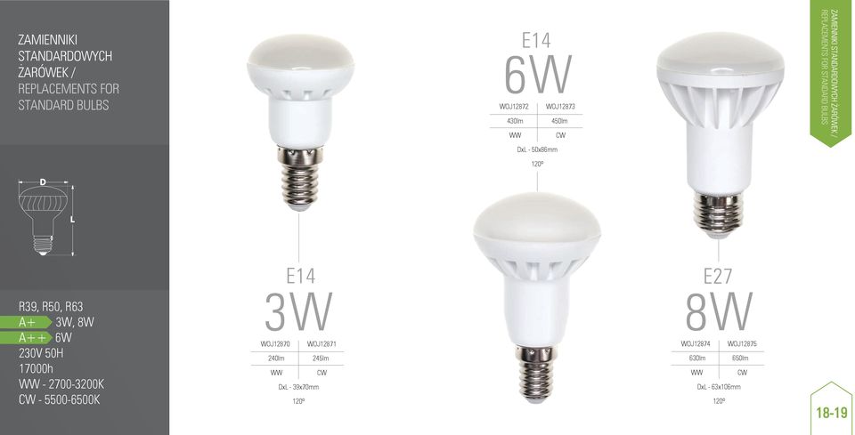 230V 50H 17000h - 2700-3200K - 5500-6500K 3W E14 WOJ12870 240lm DxL - 39x70mm