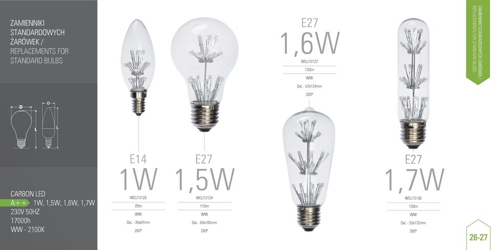 50HZ 17000h - 2100K E14 1W WOJ13125 70lm DxL - 35x97mm 260º E27 1,5W