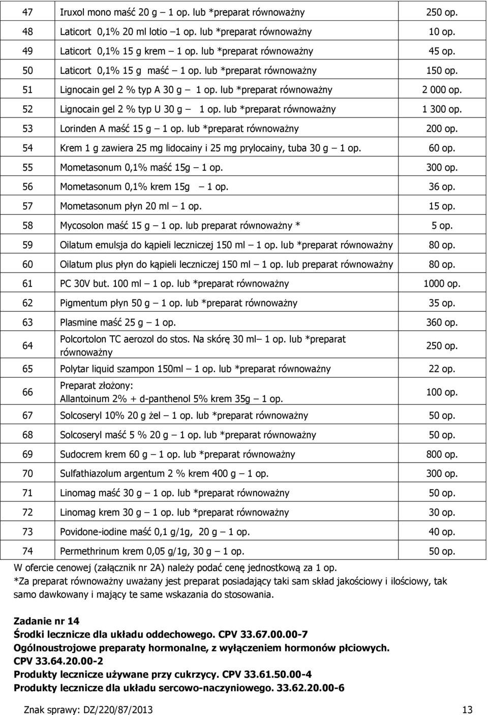 53 Lorinden A maść 5 g op. lub *preparat równoważny 200 op. 54 Krem g zawiera 25 mg lidocainy i 25 mg prylocainy, tuba 30 g op. 60 op. 55 Mometasonum 0,% maść 5g op. 300 op.