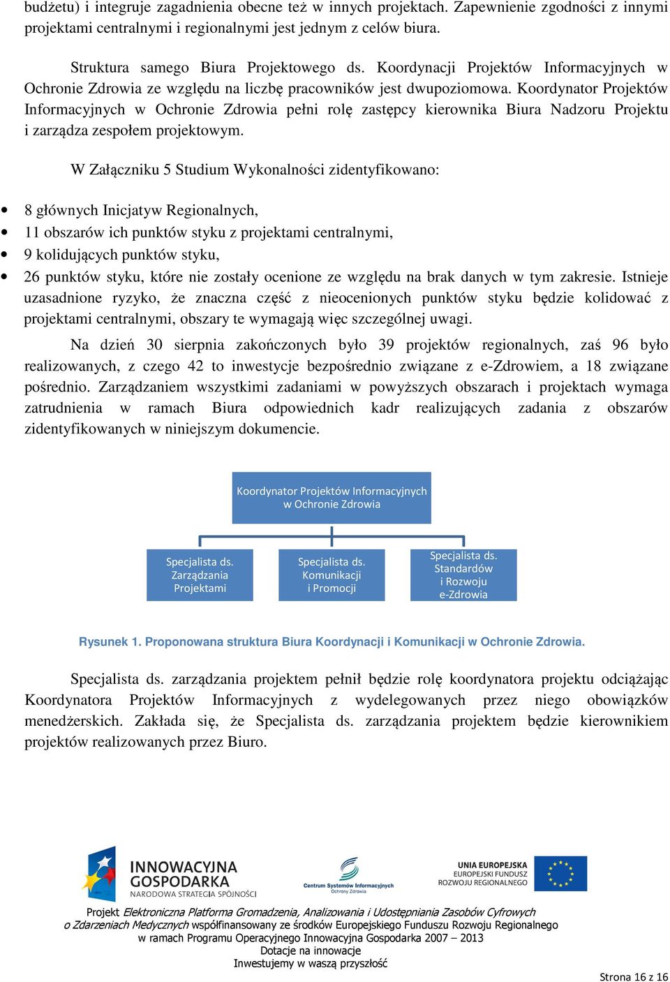 Koordynator Projektów Informacyjnych w Ochronie Zdrowia pełni rolę zastępcy kierownika Biura Nadzoru Projektu i zarządza zespołem projektowym.