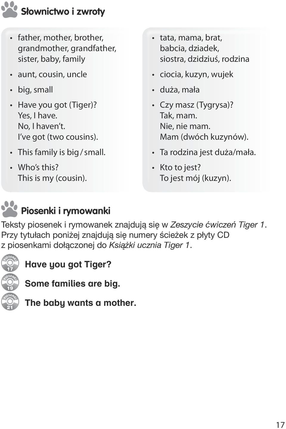 tata, mama, brat, babcia, dziadek, siostra, dzidziuś, rodzina ciocia, kuzyn, wujek duża, mała Czy masz (Tygrysa)? Tak, mam. Nie, nie mam. Mam (dwóch kuzynów). Ta rodzina jest duża/mała.