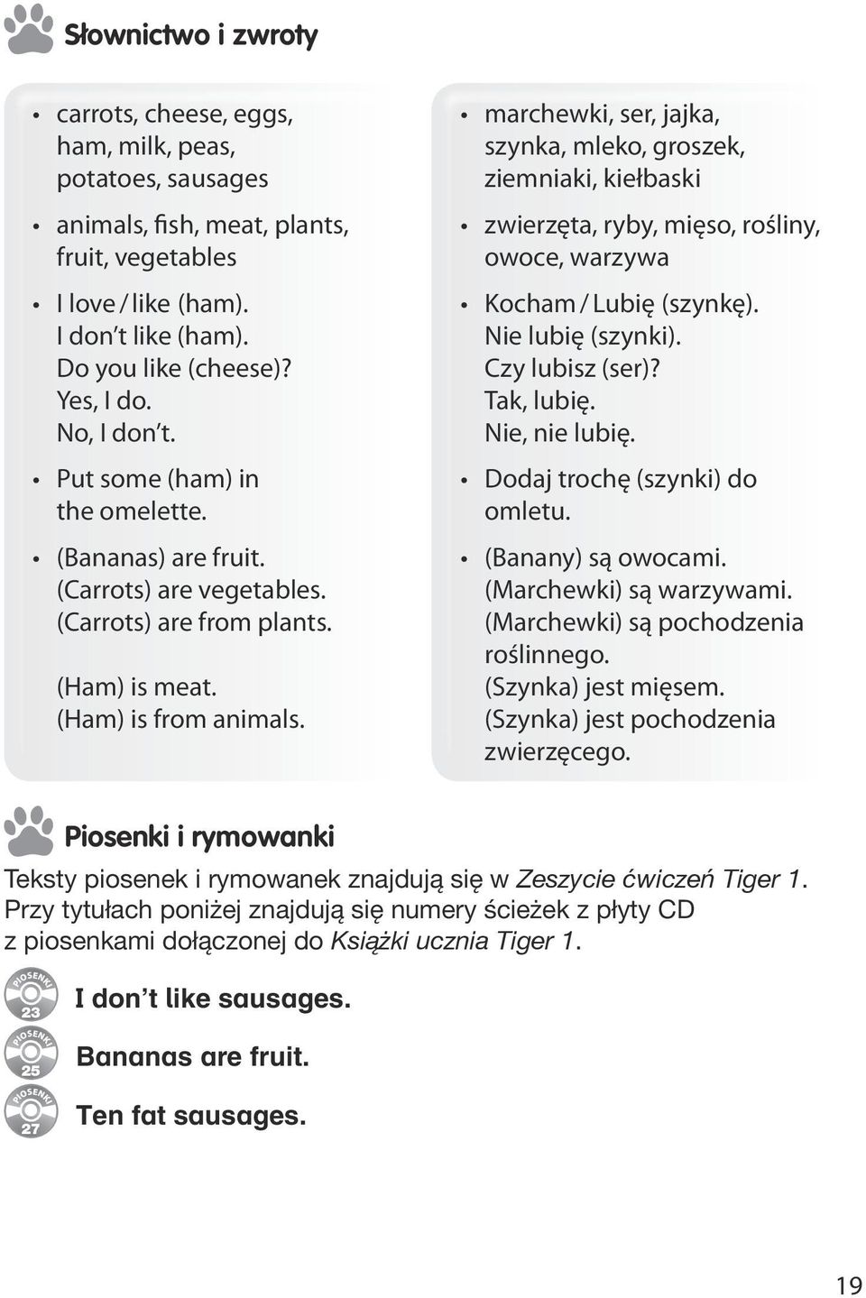 marchewki, ser, jajka, szynka, mleko, groszek, ziemniaki, kiełbaski zwierzęta, ryby, mięso, rośliny, owoce, warzywa Kocham / Lubię (szynkę). Nie lubię (szynki). Czy lubisz (ser)? Tak, lubię.