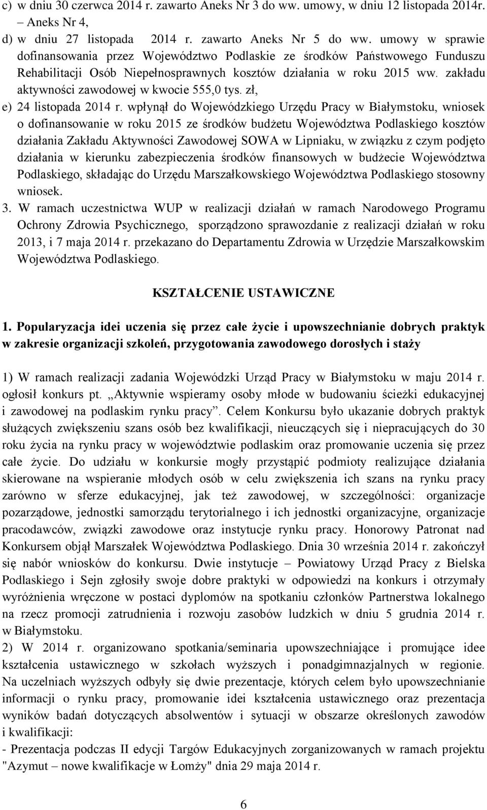 zakładu aktywności zawodowej w kwocie 555,0 tys. zł, e) 24 listopada 2014 r.