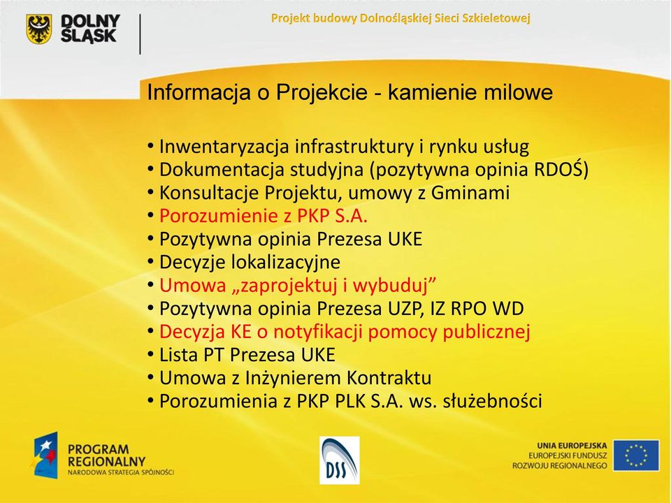 Pozytywna opinia Prezesa UKE Decyzje lokalizacyjne Umowa zaprojektuj i wybuduj Pozytywna opinia Prezesa UZP, IZ RPO WD