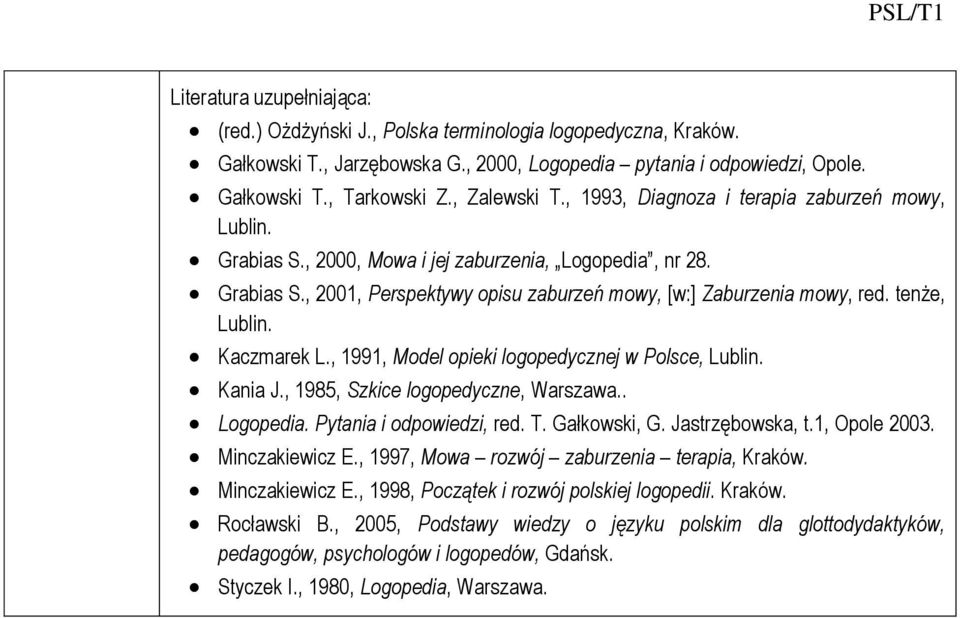 tenże, Lublin. Kaczmarek L., 99, Model opieki logopedycznej w Polsce, Lublin. Kania J., 985, Szkice logopedyczne, Warszawa.. Logopedia. Pytania i odpowiedzi, red. T. Gałkowski, G. Jastrzębowska, t.