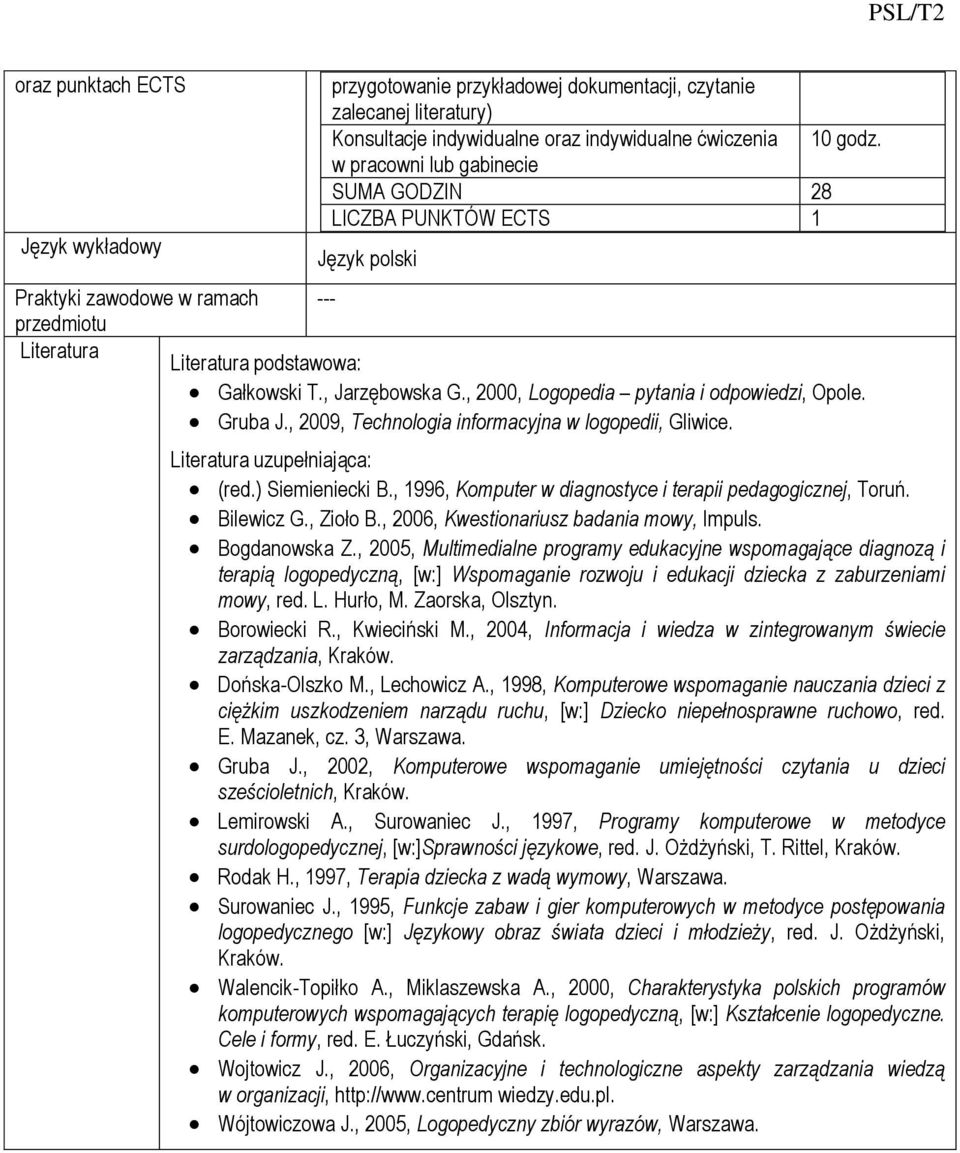 , 2000, Logopedia pytania i odpowiedzi, Opole. Gruba J., 2009, Technologia informacyjna w logopedii, Gliwice. Literatura uzupełniająca: (red.) Siemieniecki B.