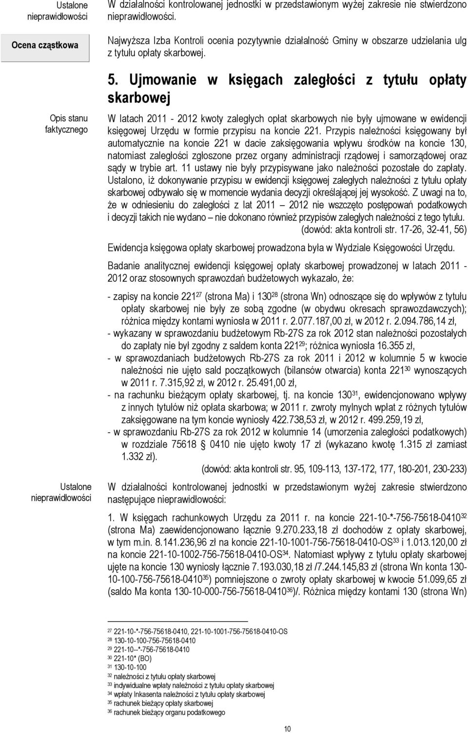 Ujmowanie w księgach zaległości z tytułu opłaty skarbowej W latach 2011-2012 kwoty zaległych opłat skarbowych nie były ujmowane w ewidencji księgowej Urzędu w formie przypisu na koncie 221.