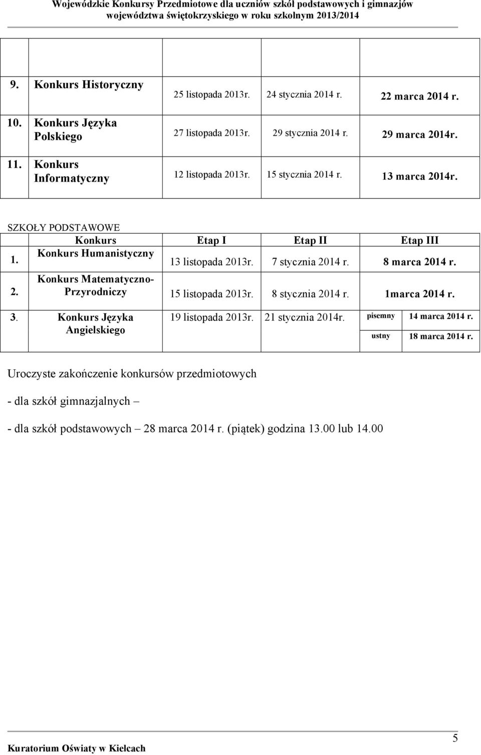 7 stycznia 2014 r. 8 marca 2014 r. 2. Matematyczno- Przyrodniczy 15 listopada 2013r. 8 stycznia 2014 r. 1marca 2014 r. 3. Języka 19 listopada 2013r.