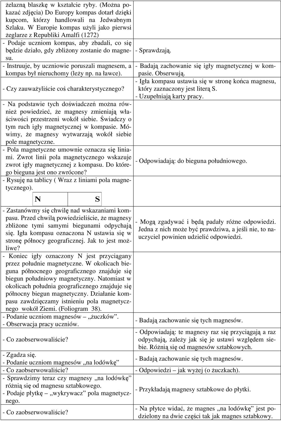 - Instruuje, by uczniowie poruszali magnesem, a kompas był nieruchomy (leŝy np. na ławce). - Czy zauwaŝyliście coś charakterystycznego?