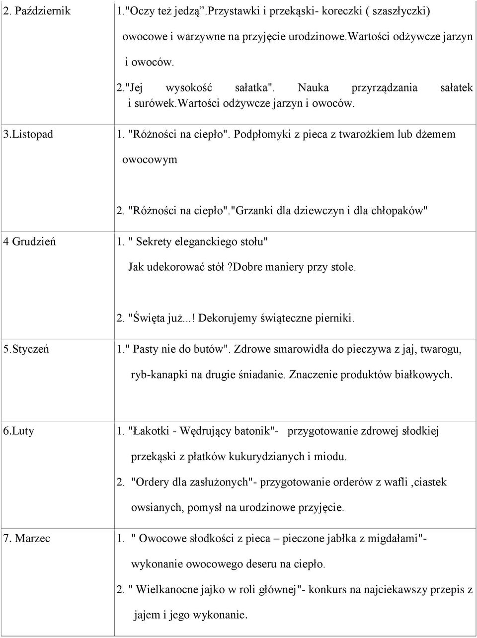 " Sekrety eleganckiego stołu" Jak udekorować stół?dobre maniery przy stole. 2. "Święta już...! Dekorujemy świąteczne pierniki. 5.Styczeń 1." Pasty nie do butów".