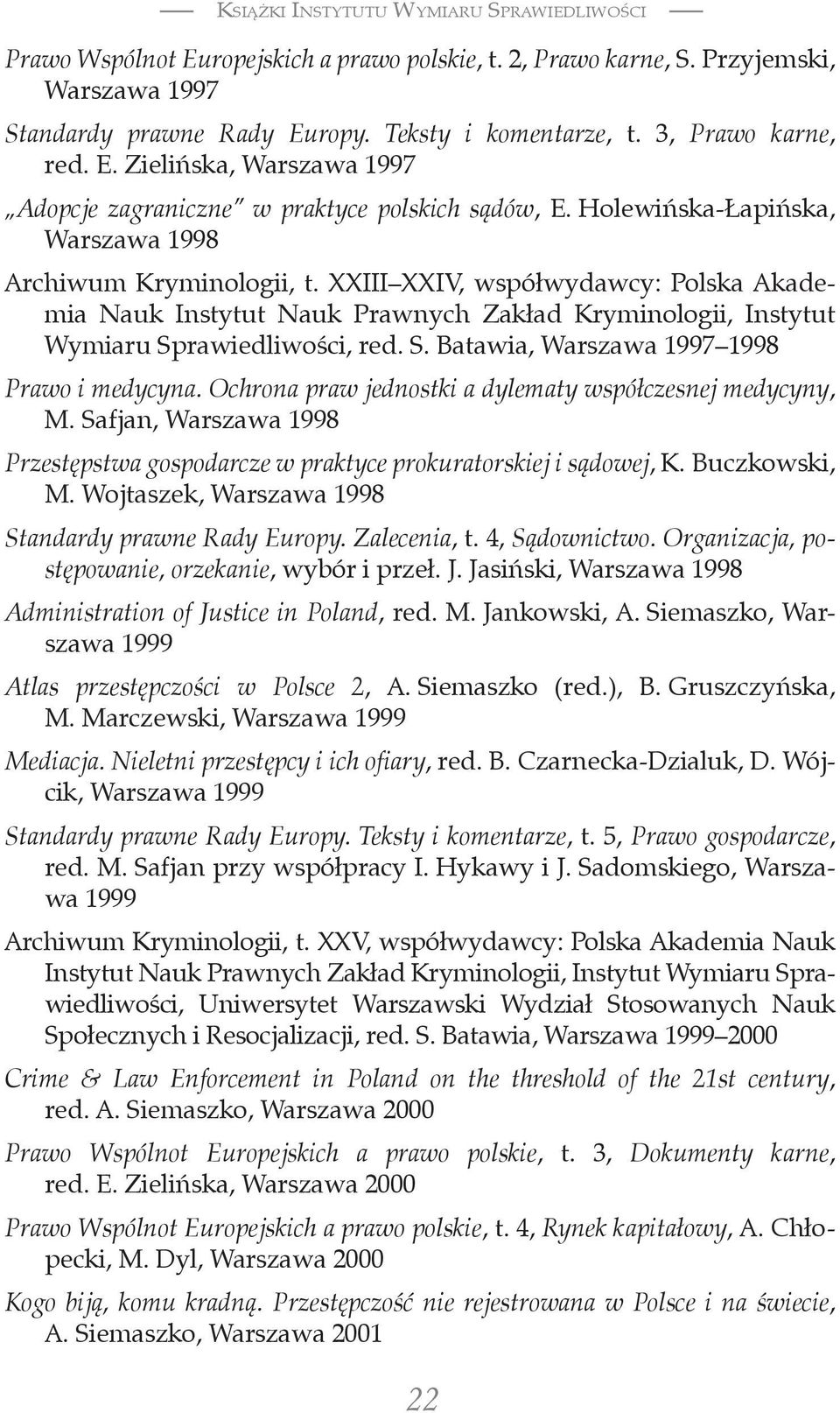 XXIII XXIV, współwydawcy: Polska Akademia Nauk Instytut Nauk Prawnych Zakład Kryminologii, Instytut Wymiaru Sprawiedliwości, red. S. Batawia, Warszawa 1997 1998 Prawo i medycyna.