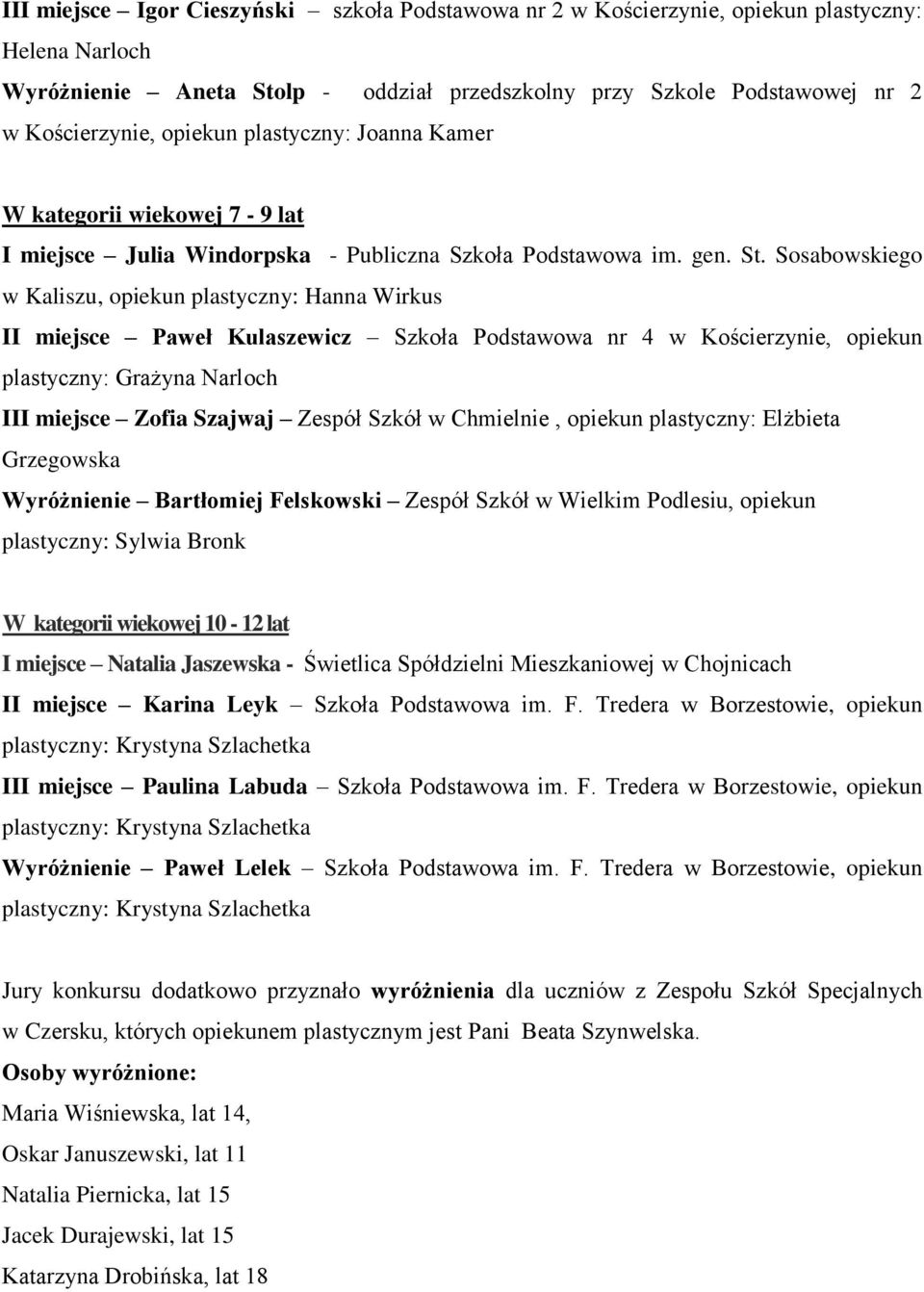 Sosabowskiego w Kaliszu, opiekun plastyczny: Hanna Wirkus II miejsce Paweł Kulaszewicz Szkoła Podstawowa nr 4 w Kościerzynie, opiekun plastyczny: Grażyna Narloch III miejsce Zofia Szajwaj Zespół