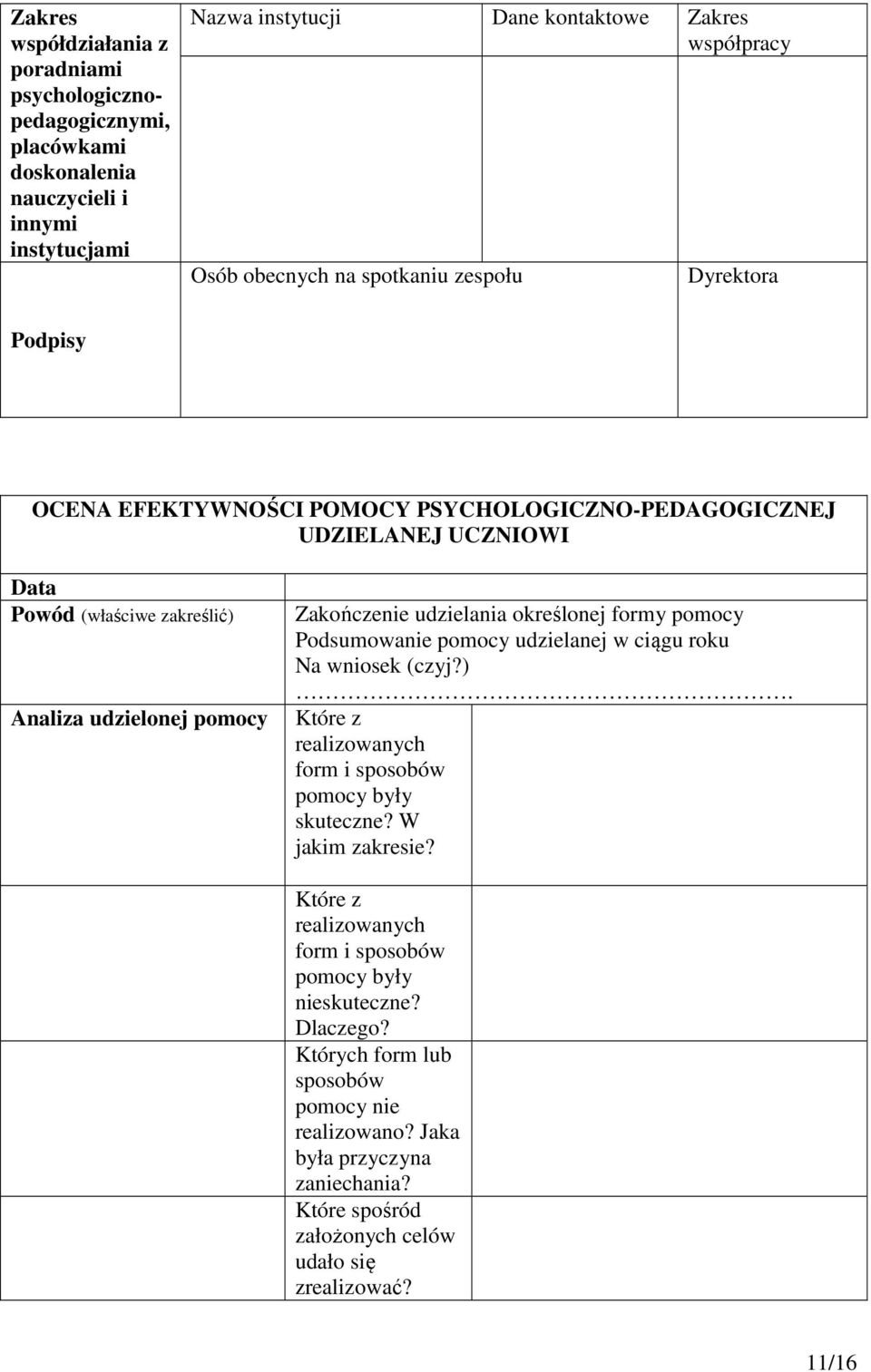 określonej formy pomocy Podsumowanie pomocy udzielanej w ciągu roku Na wniosek (czyj?). Które z realizowanych form i sposobów pomocy były skuteczne? W jakim zakresie?