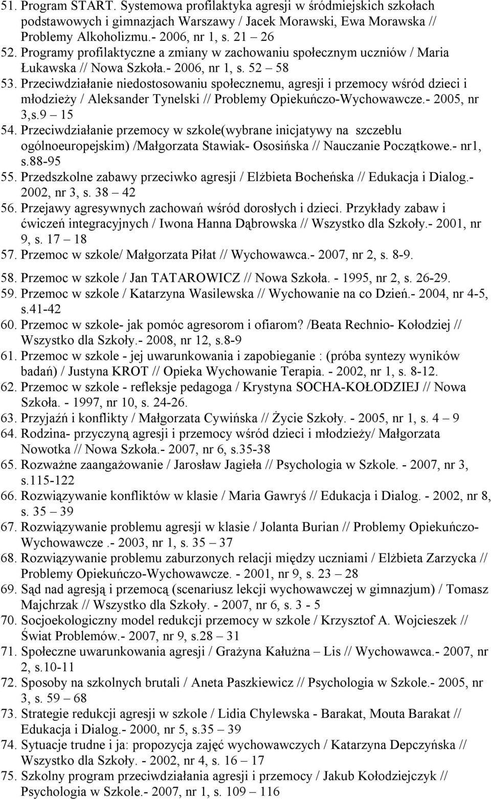 Przeciwdziałanie niedostosowaniu społecznemu, agresji i przemocy wśród dzieci i młodzieży / Aleksander Tynelski // Problemy Opiekuńczo-Wychowawcze.- 2005, nr 3,s.9 15 54.