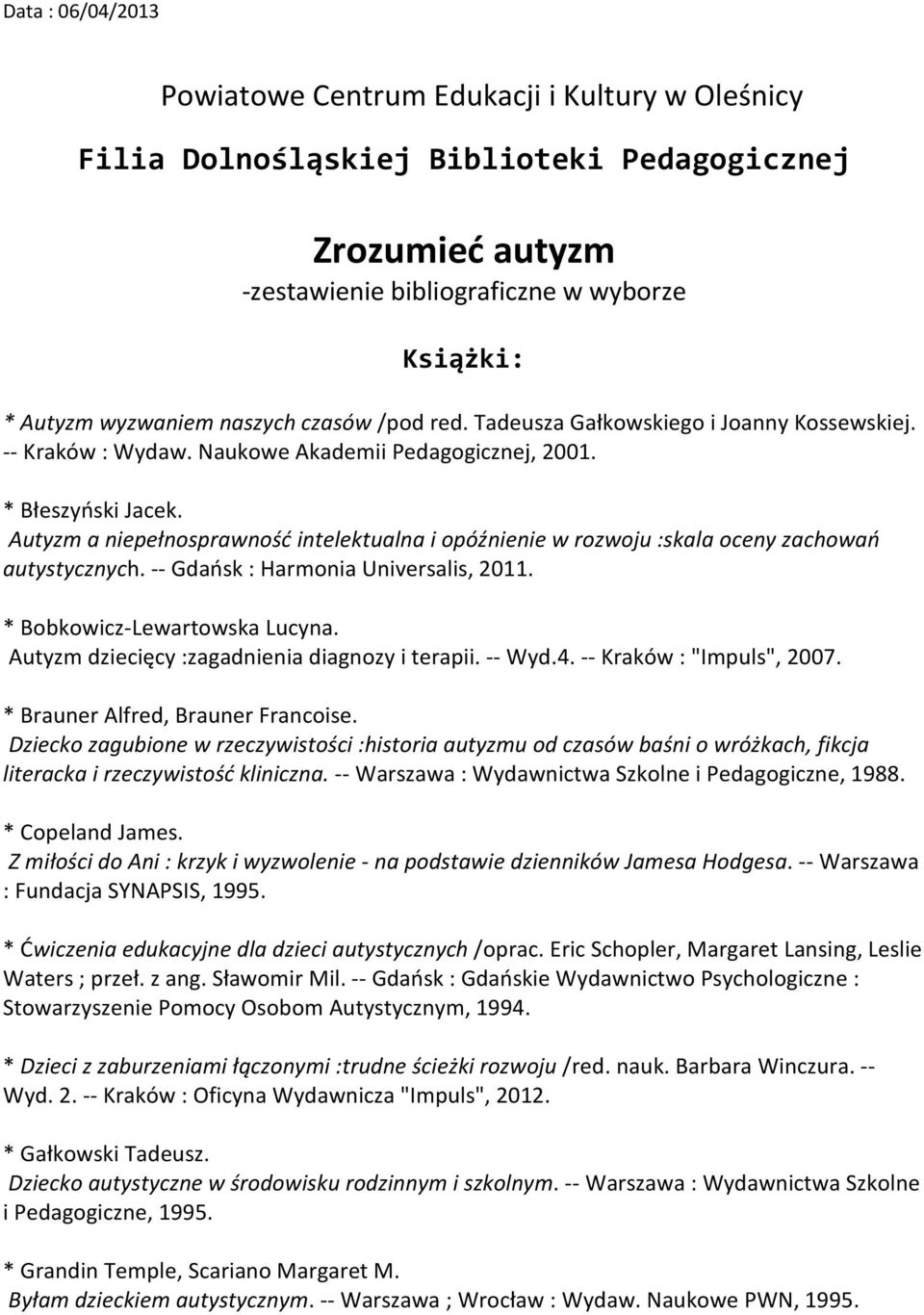 Autyzm a niepełnosprawność intelektualna i opóźnienie w rozwoju :skala oceny zachowań autystycznych. -- Gdańsk : Harmonia Universalis, 2011. * Bobkowicz-Lewartowska Lucyna.