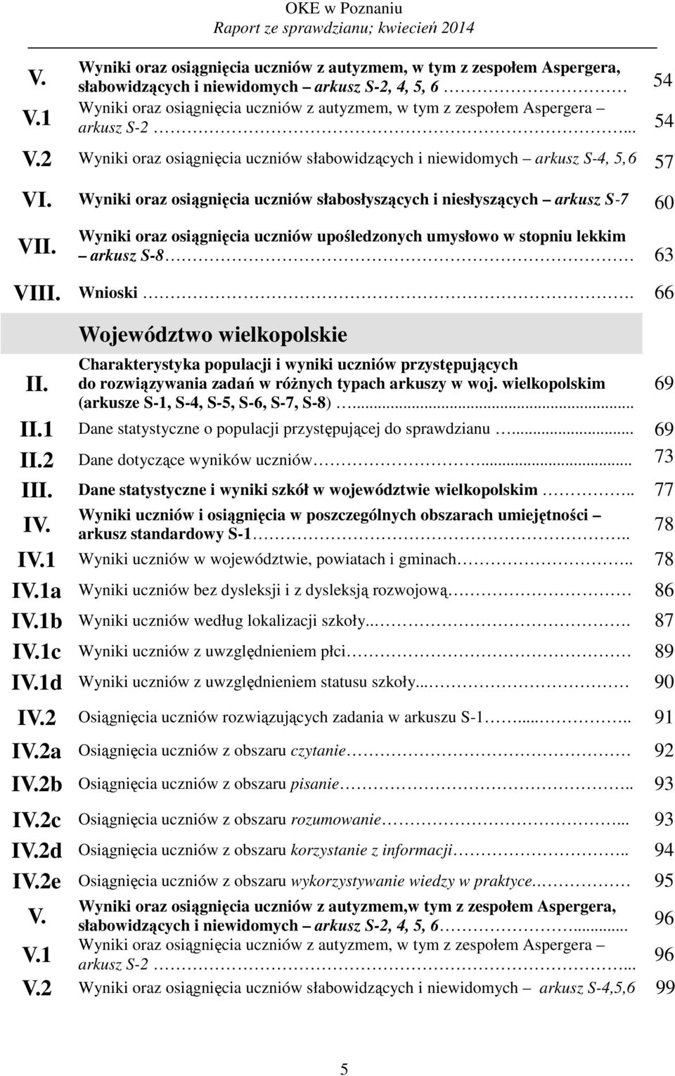 Wyniki oraz osiągnięcia uczniów słabosłyszących i niesłyszących arkusz S-7 6 VII. Wyniki oraz osiągnięcia uczniów upośledzonych umysłowo w stopniu lekkim arkusz S-8 6 VIII. Wnioski. 66 II.