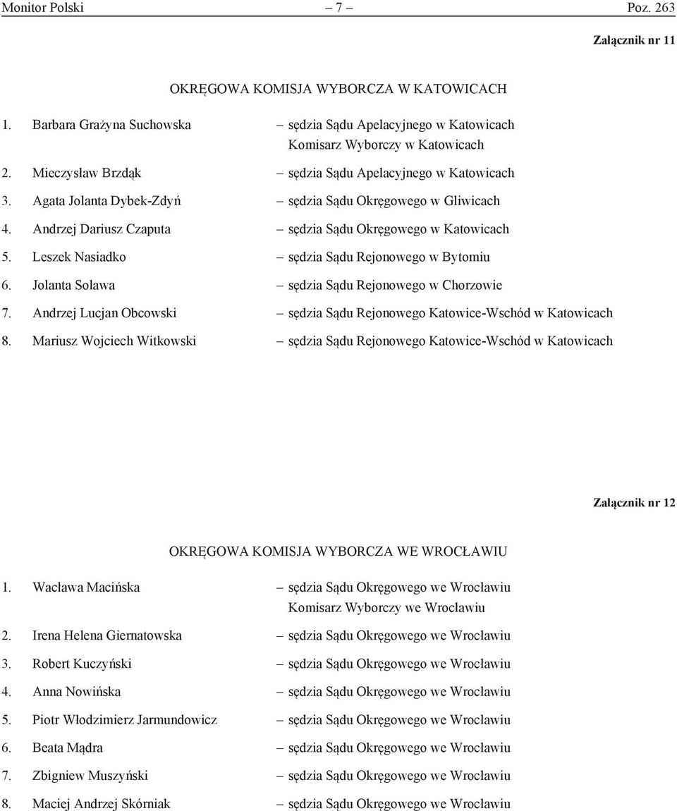 Leszek Nasiadko sędzia Sądu Rejonowego w Bytomiu 6. Jolanta Solawa sędzia Sądu Rejonowego w Chorzowie 7. Andrzej Lucjan Obcowski sędzia Sądu Rejonowego Katowice-Wschód w Katowicach 8.