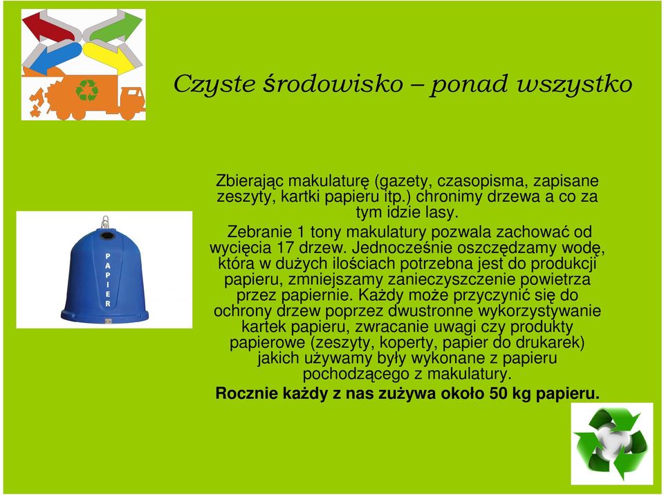Jednocześnie oszczędzamy wodę, która w duŝych ilościach potrzebna jest do produkcji papieru, zmniejszamy zanieczyszczenie powietrza przez papiernie.