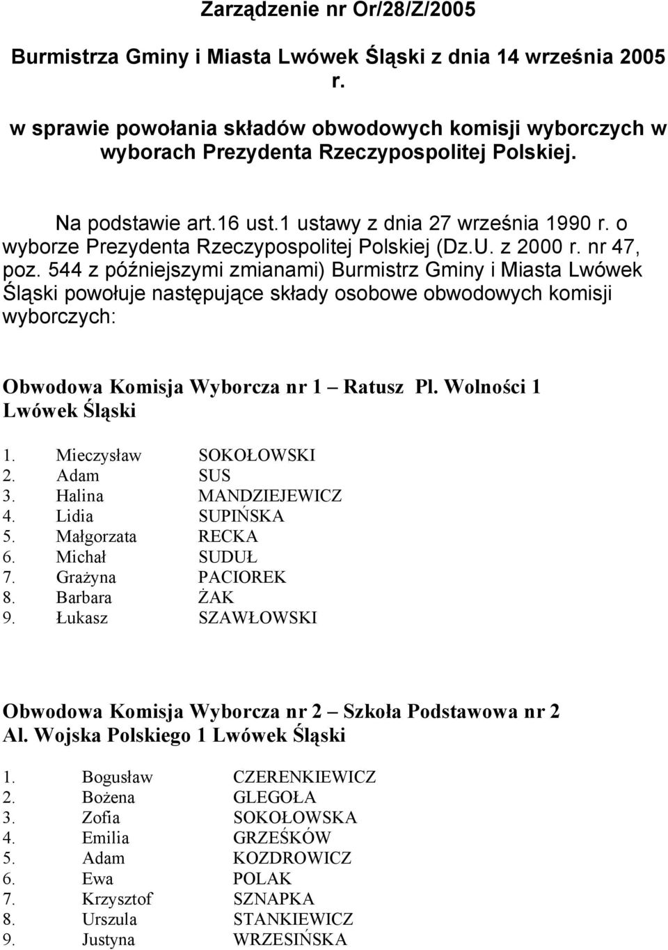 544 z późniejszymi zmianami) Burmistrz Gminy i Miasta Lwówek Śląski powołuje następujące składy osobowe obwodowych komisji wyborczych: Obwodowa Komisja Wyborcza nr 1 Ratusz Pl. Wolności 1 1.