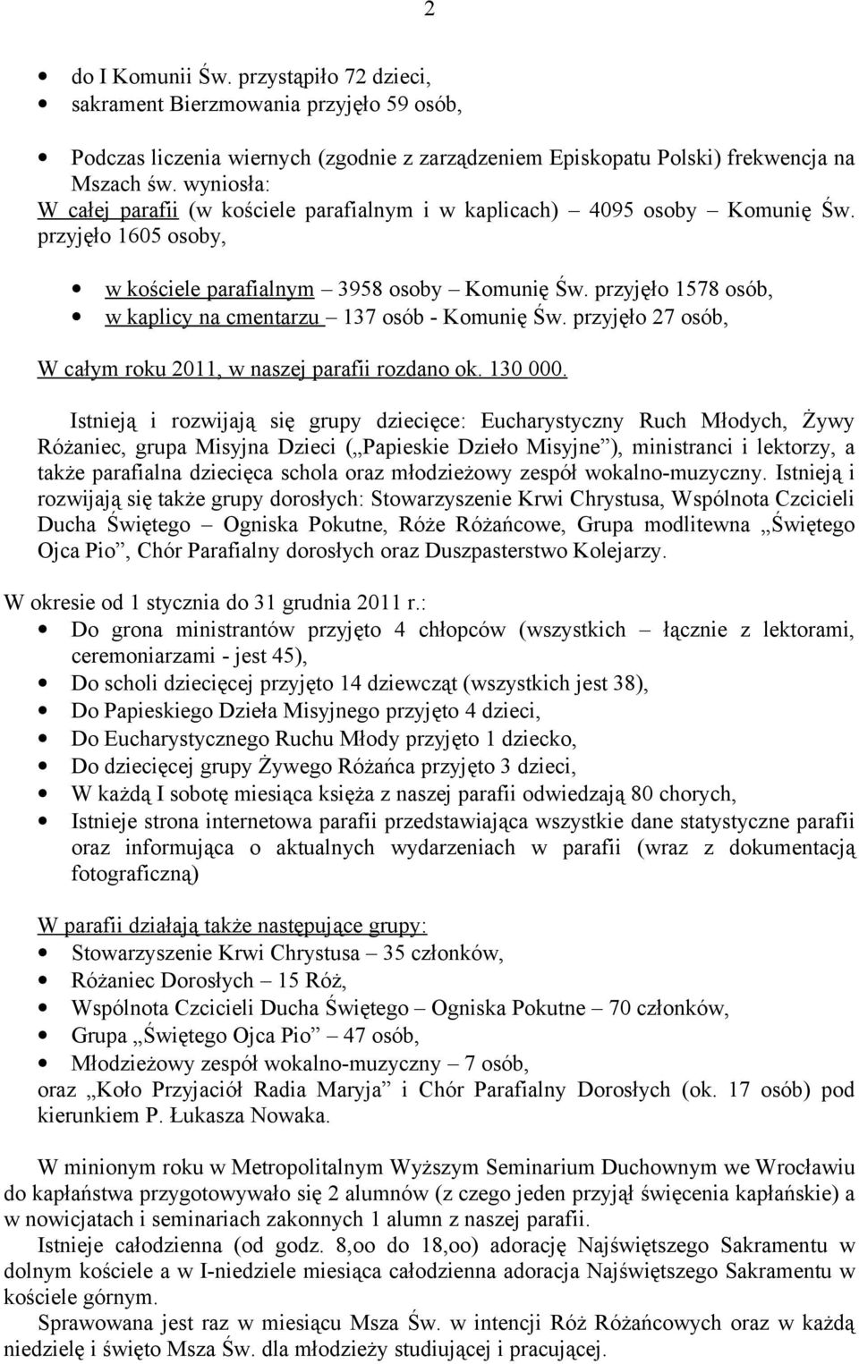 przyjęło 1578 osób, w kaplicy na cmentarzu 137 osób - Komunię Św. przyjęło 27 osób, W całym roku 2011, w naszej parafii rozdano ok. 130 000.