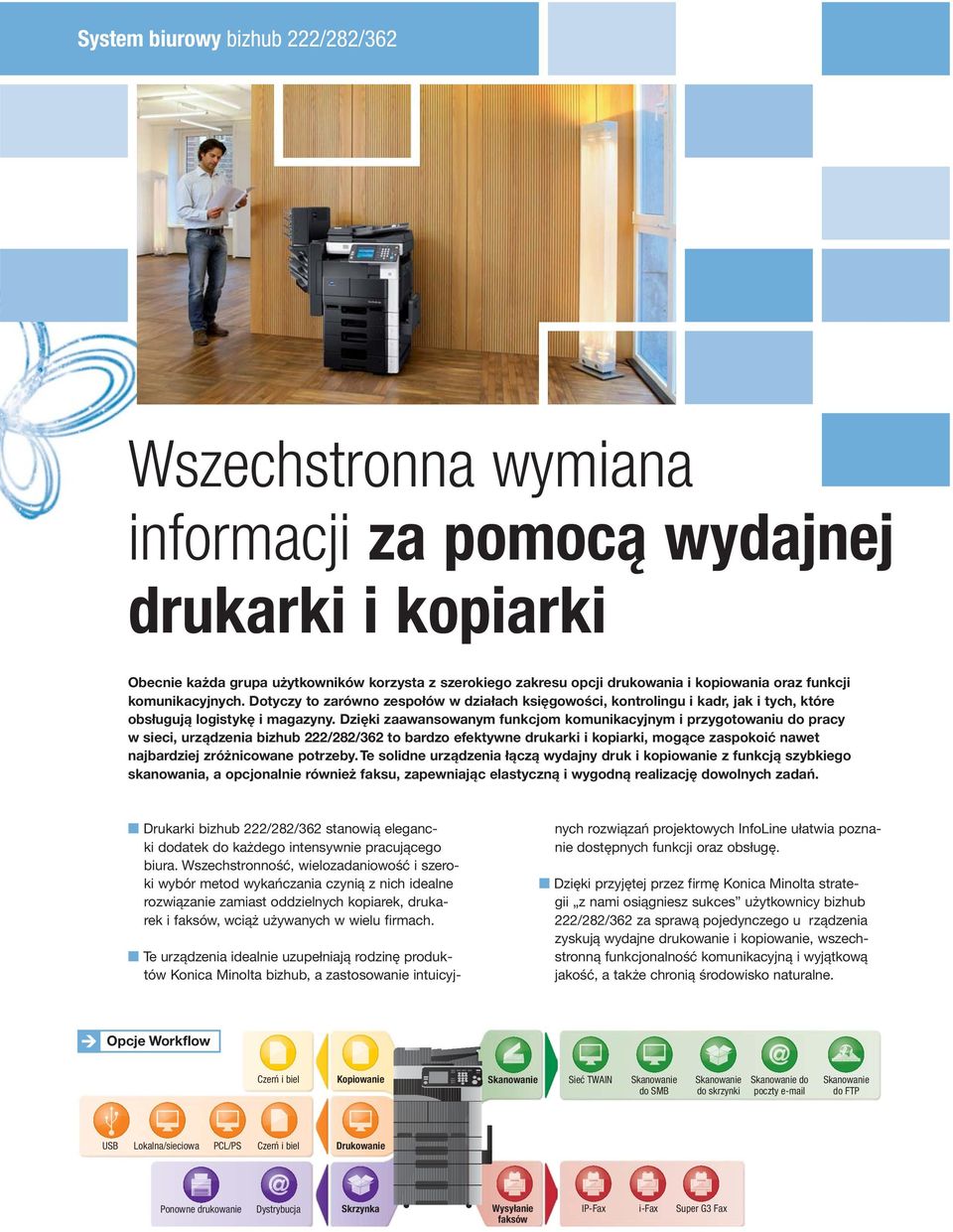 Dzięki zaawansowanym funkcjom komunikacyjnym i przygotowaniu do pracy w sieci, urządzenia bizhub 222/282/362 to bardzo efektywne drukarki i kopiarki, mogące zaspokoić nawet najbardziej zróżnicowane