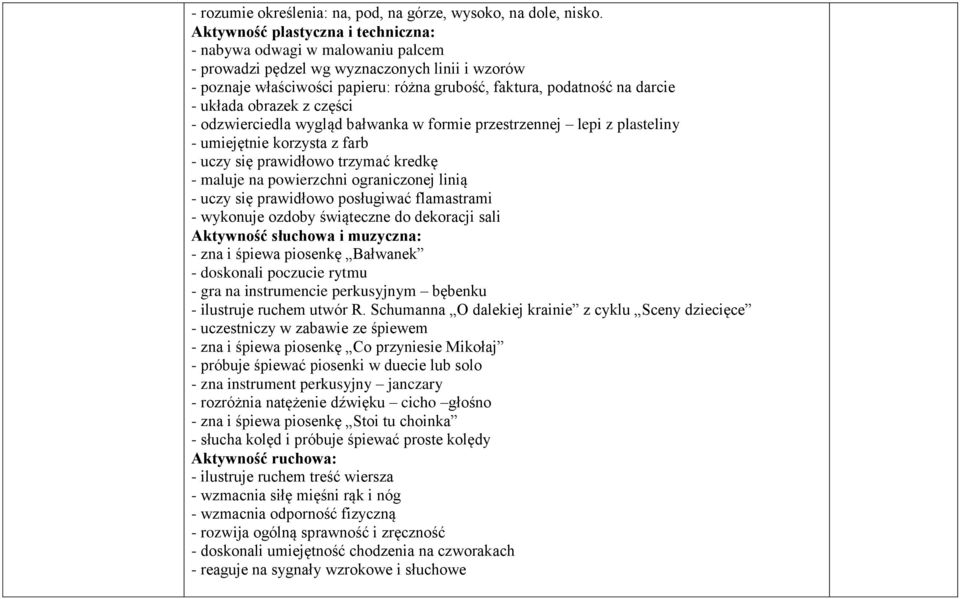 układa obrazek z części - odzwierciedla wygląd bałwanka w formie przestrzennej lepi z plasteliny - umiejętnie korzysta z farb - uczy się prawidłowo trzymać kredkę - maluje na powierzchni ograniczonej