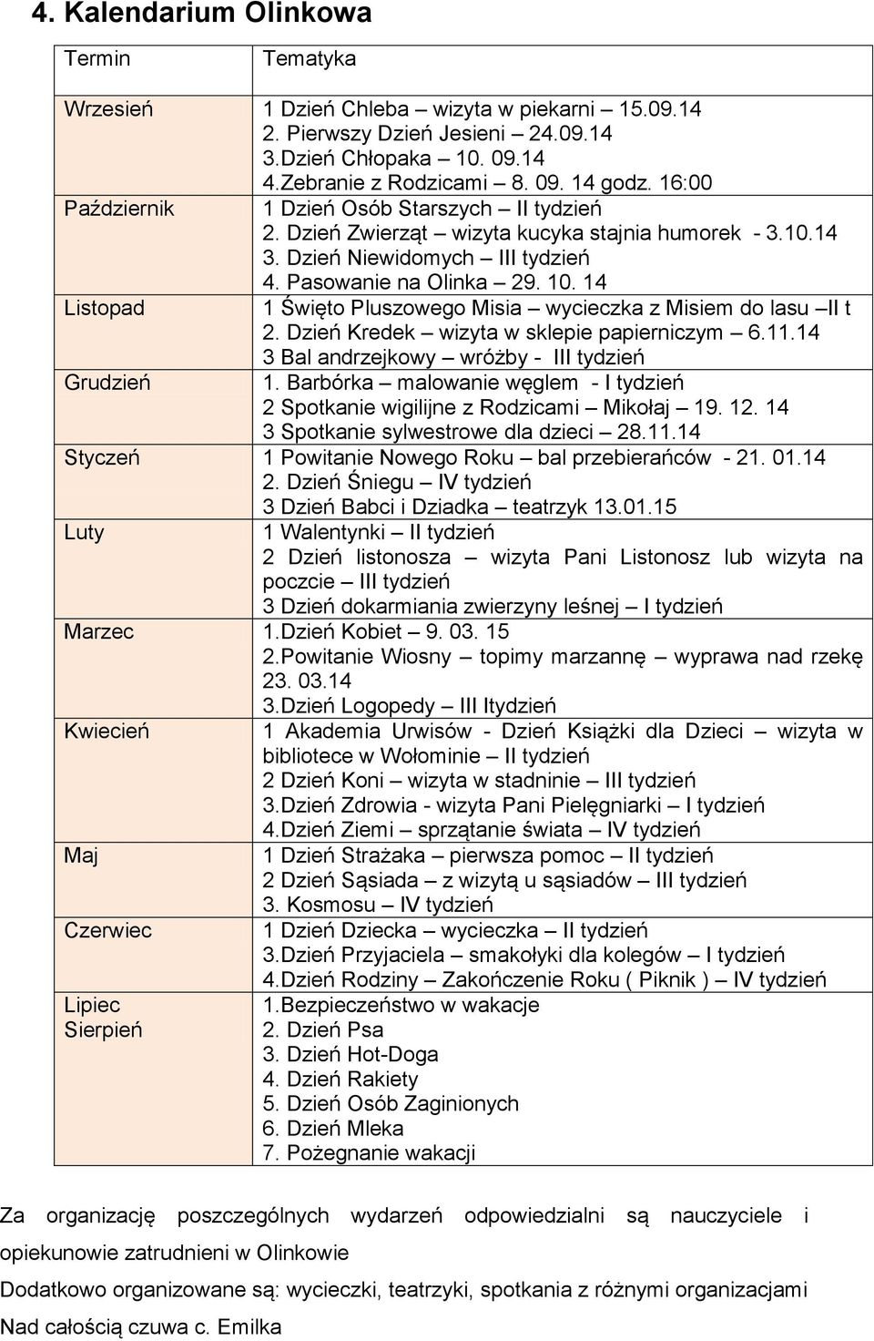 14 Lstopad 1 Śwęto Pluszowego Msa wyceczka z Msem do lasu II t 2. Dzeń Kredek wzyta w sklepe papernczym 6.11.14 3 Bal andrzejkowy wróżby - III tydzeń Grudzeń 1.