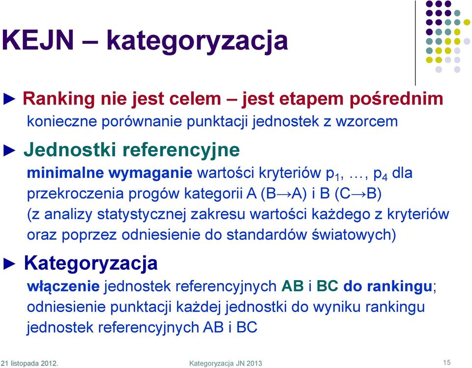 wartości każdego z kryteriów oraz poprzez odniesienie do standardów światowych) Kategoryzacja włączenie jednostek referencyjnych AB i BC do